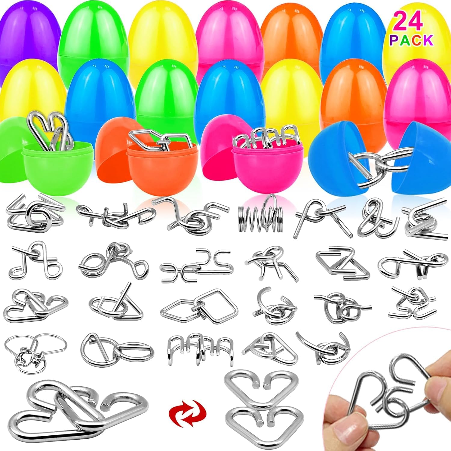 24 Pack Filled Easter Eggs with Metal Brain Teaser Puzzle Toys, Stress Relief Fidget Toys Brain Teaser Games for Kids Boys Girls Easter Basket Stuffers Fillers Gift