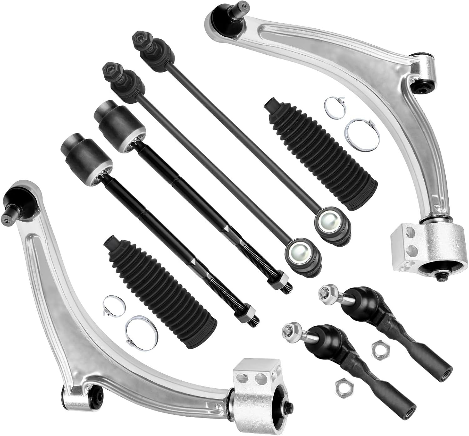 SCITOO 10pcs Front Suspension Kit Lower Control Arm And Ball Joint Sway Bar End Link 11.8" Outer Inner Tie Rod End w/Boot Replacement for 2004-2012 for Chevy for Malibu for Pontiac G6 for Saturn Aura