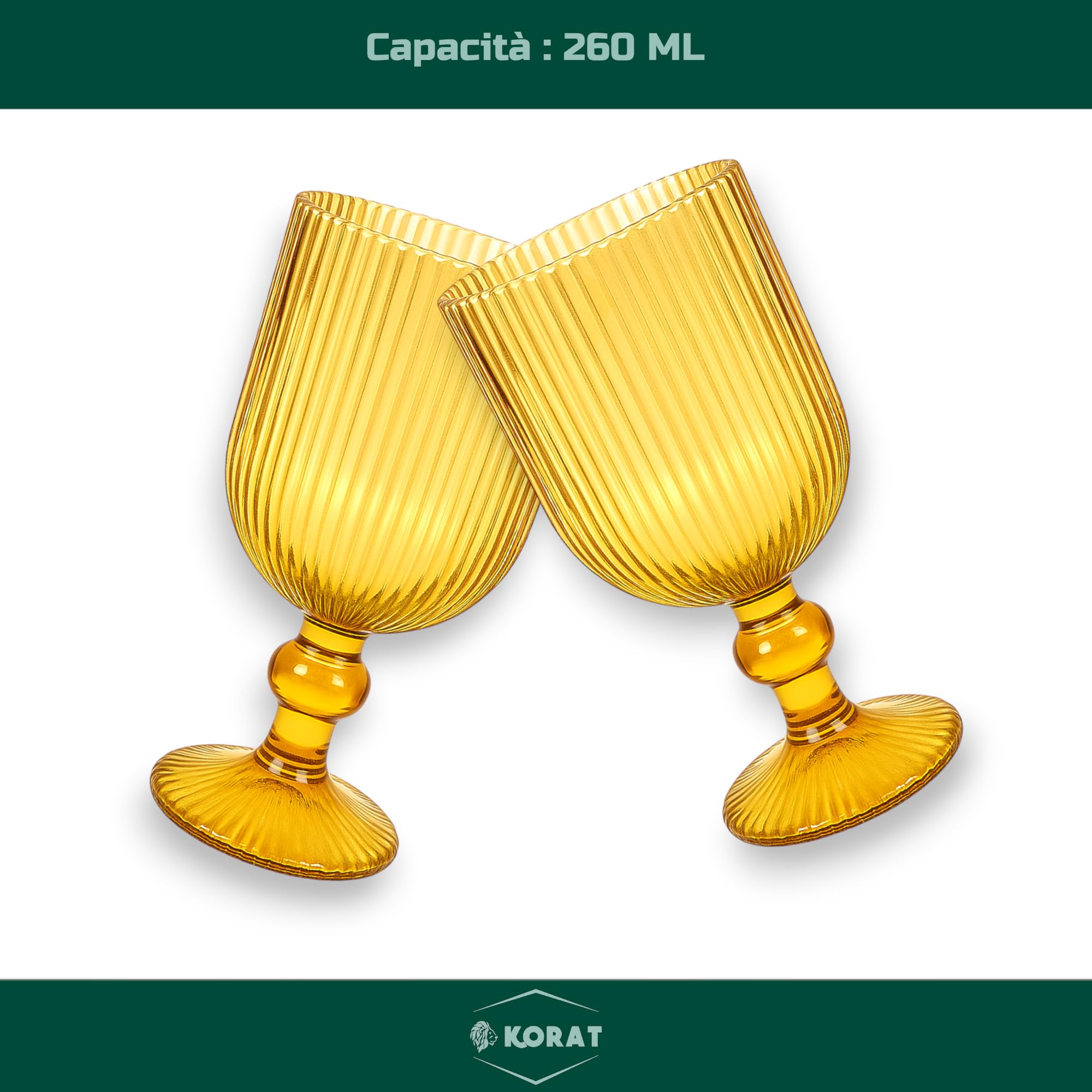 KORAT Set 6 Bicchieri Natalizi Rigati in Vetro Calici, Flute Design Elegante Rosso/Oro Per Vino, Prosecco e Decorazioni Natalizie per Tavola Natale e Festività (Calice - Rigato Oro - 260 ML)