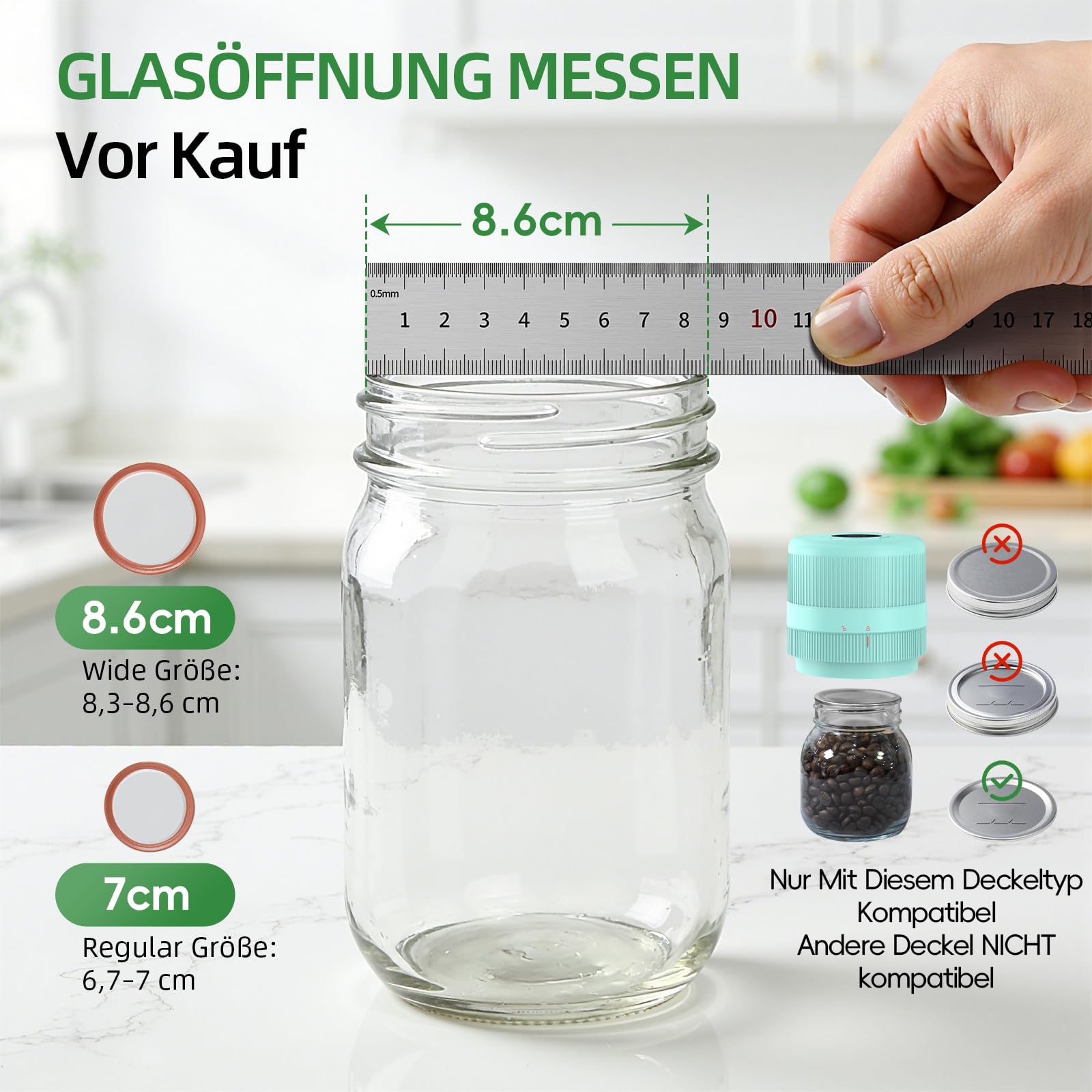 Vakuumierer für Gläser | Elektrisches Mason Jar Vakuum Sealer für Breite und Normale Öffnung | Tragbares Vacuum Sealer Machine | Geschenke für Sie, Mama, Oma, Seladon Blau-Grün