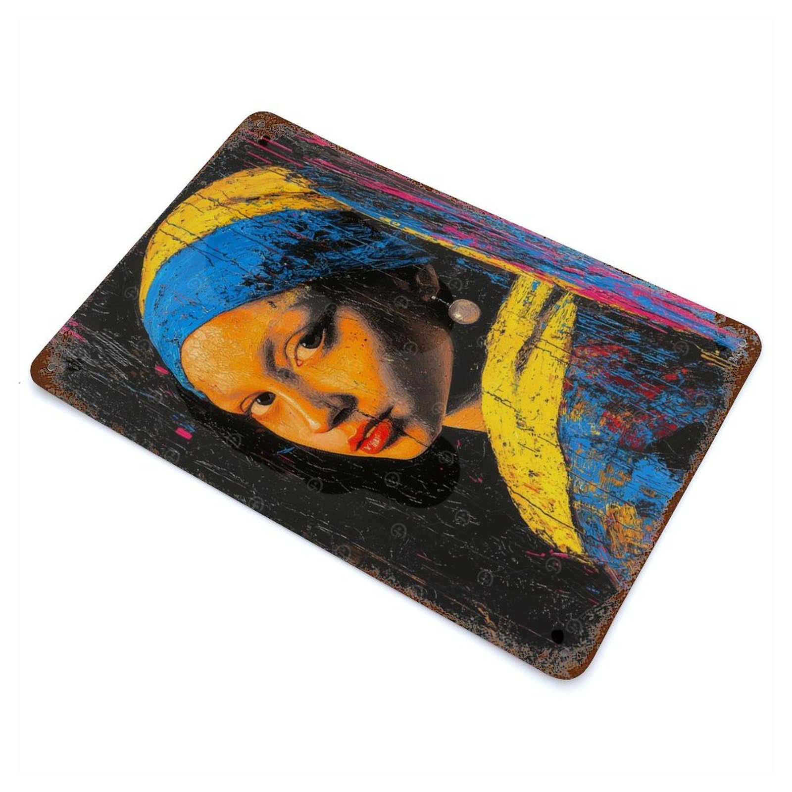 Expressionist Girl with A Pearl Earring – Bold Contemporary Art Reinterpretation Rustic Tin Plaque 11.8"x7.9", Rustic Home Decor for Office, Studio And Wall Decor
