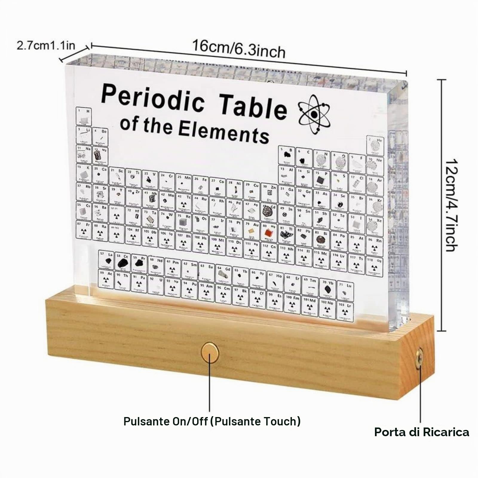 Tavola Periodica Degli Elementi con Elementi Veri,con 83 Elementi Reali All'Interno,Display Della Tavola Periodica in Acrilico con Base di Luci a LED Colorate,Strumento Didattico Elementi
