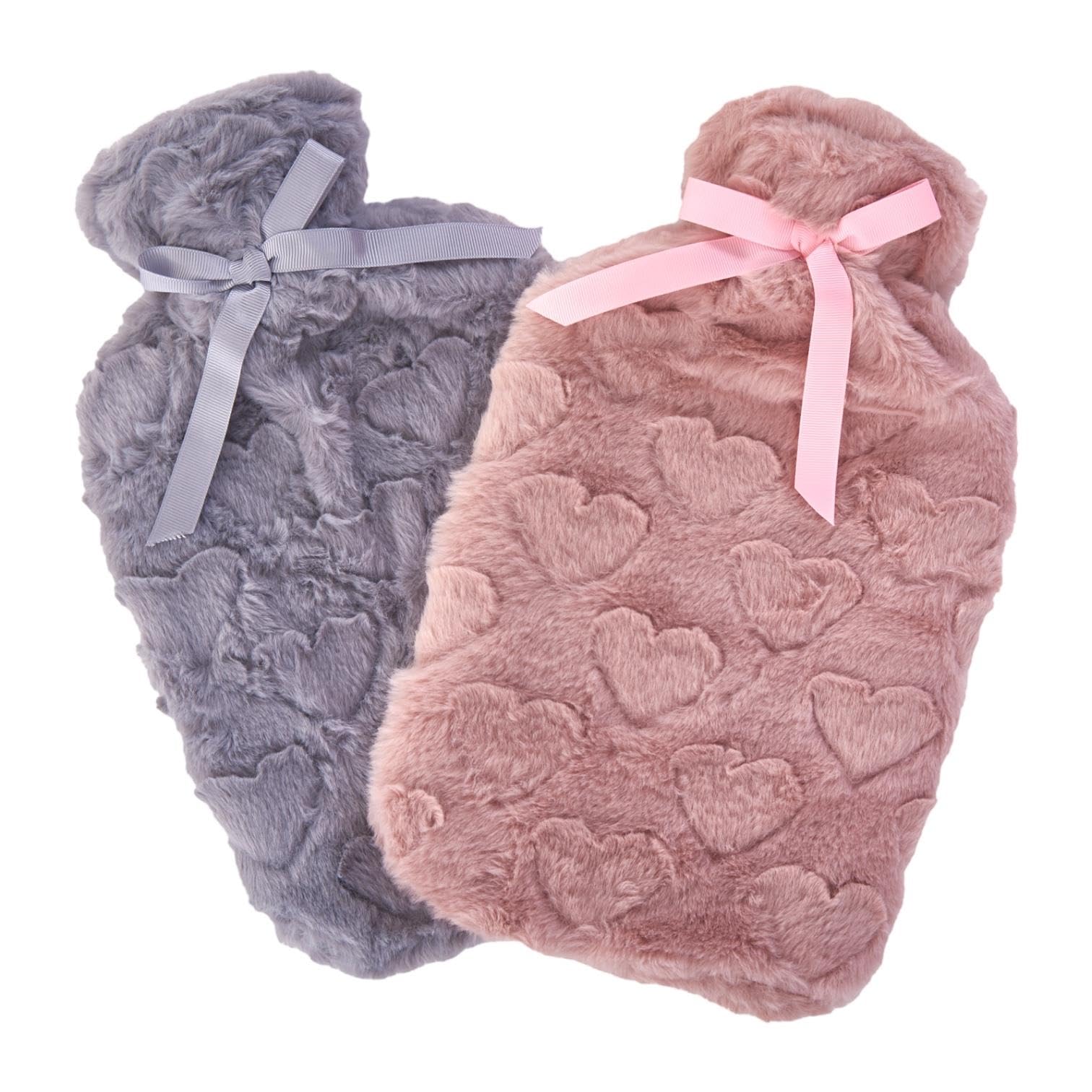 K Collection2 x Hot Water Bottles – Embossed Hearts Fleece Plush Cover – Natural Rubber 2L Capacity - Pink and Grey - Pack of 2