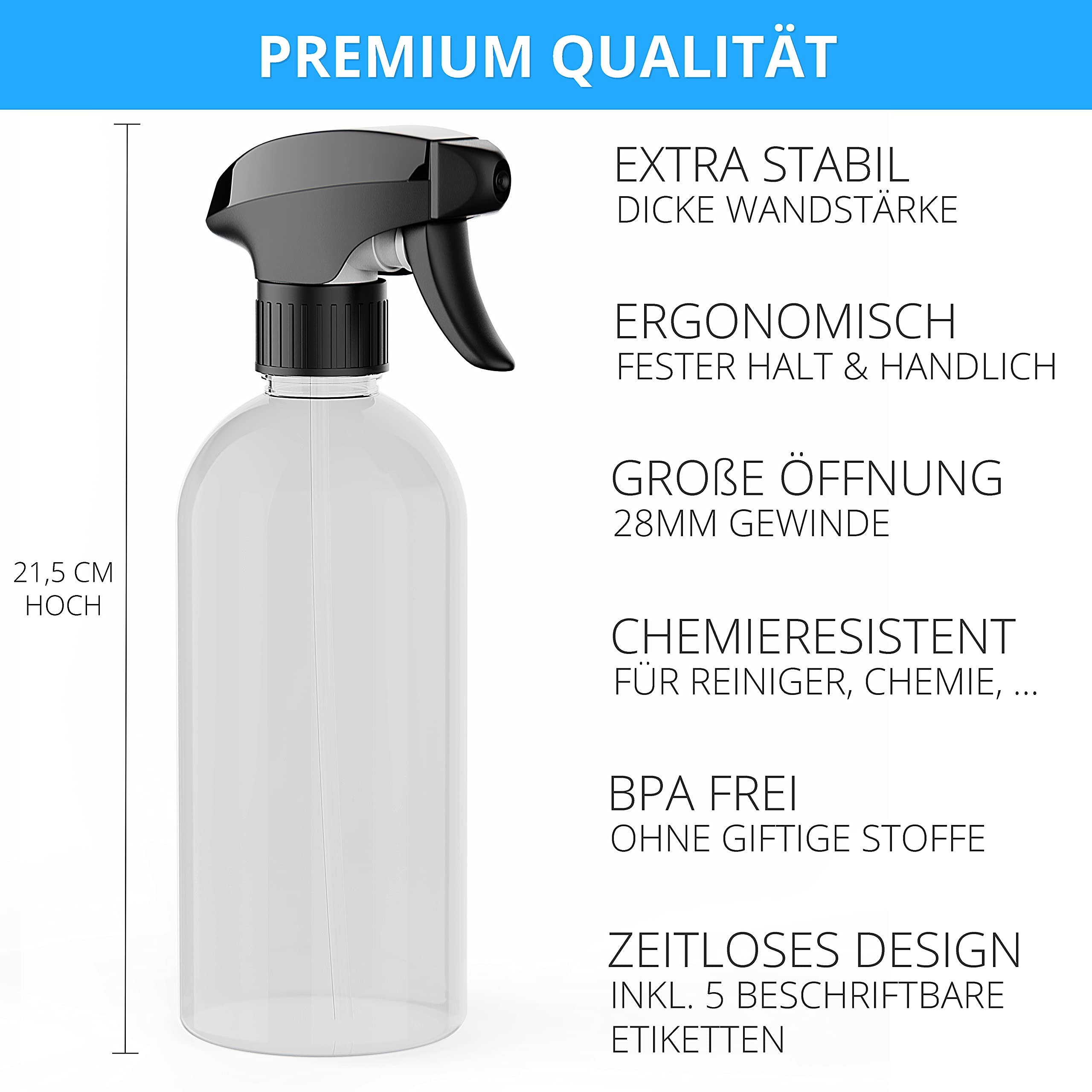 Puste butelki z rozpylaczem [5 szt.] zestaw 500 ml + etykiety do opisywania – rPET (z recyklingu) – 3 tryby głowic natryskowych – bardzo stabilne i trwałe – idealne do środków czyszczących i rozpylaczy do kwiatów