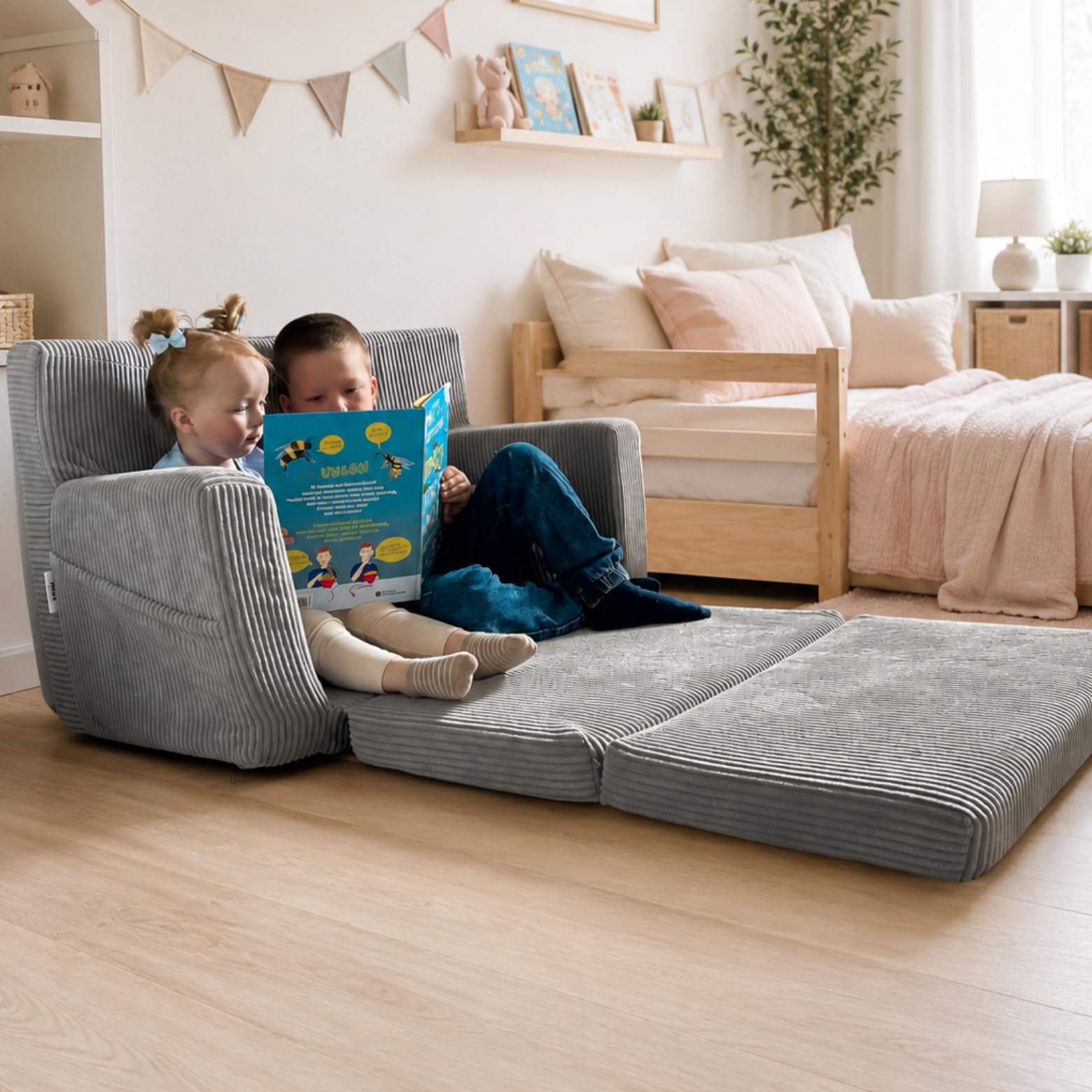 Flumi Personnalisé Canapé Enfant Convertible 3in1 Lit d Appoint Enfant - Mini Canapé avec nom de l'enfant - Mousse Chauffeuse Enfant avec Fonction Lit - Farbe: (côtelé Gris)