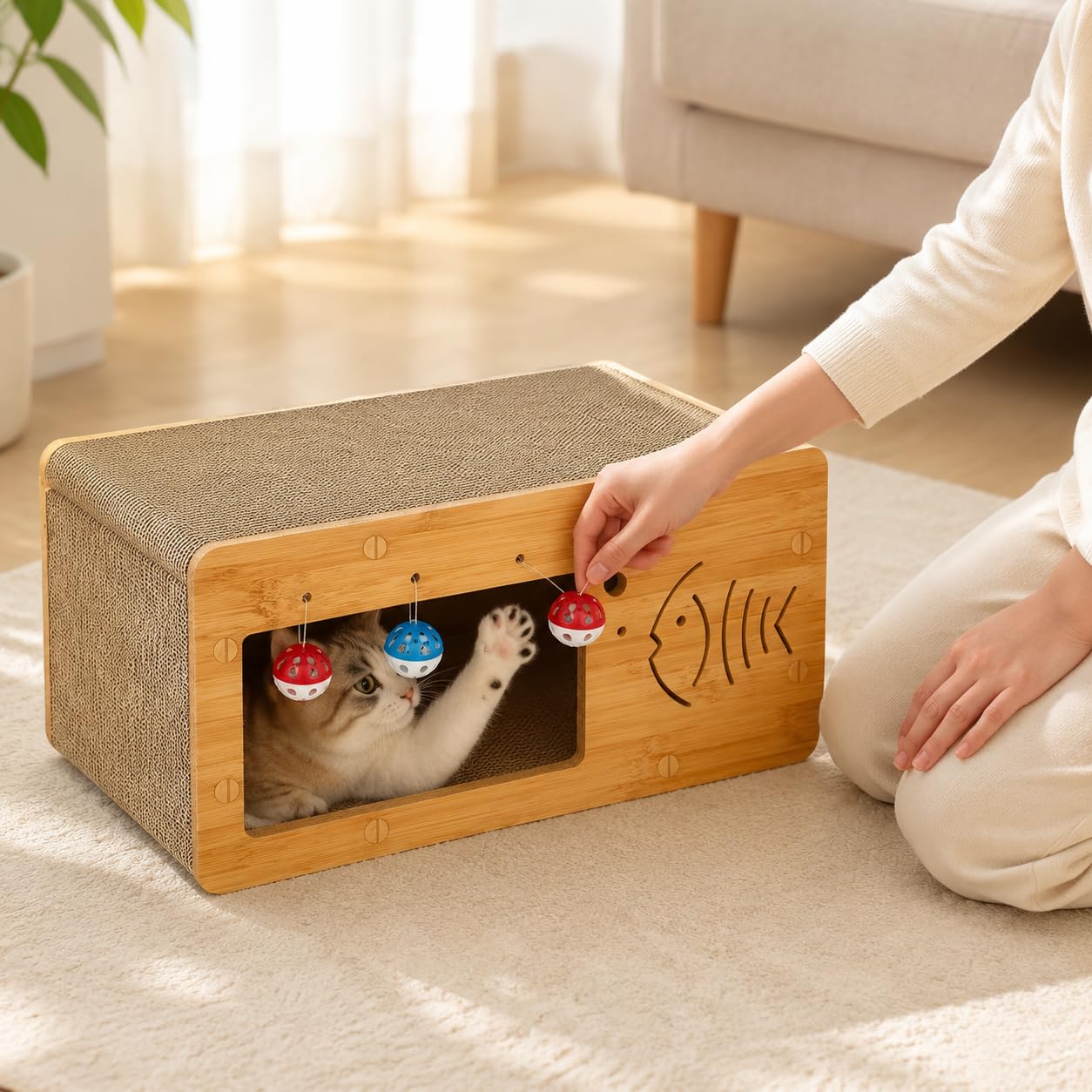 Kratzbaum mit Hausstruktur Robusten Kratzflächen Integriertem Katzenbett Und Dekorativen Öffnungen aus Wellpappe für, Einzelnes TV-Gerät, 55 x 28 x 26 cm