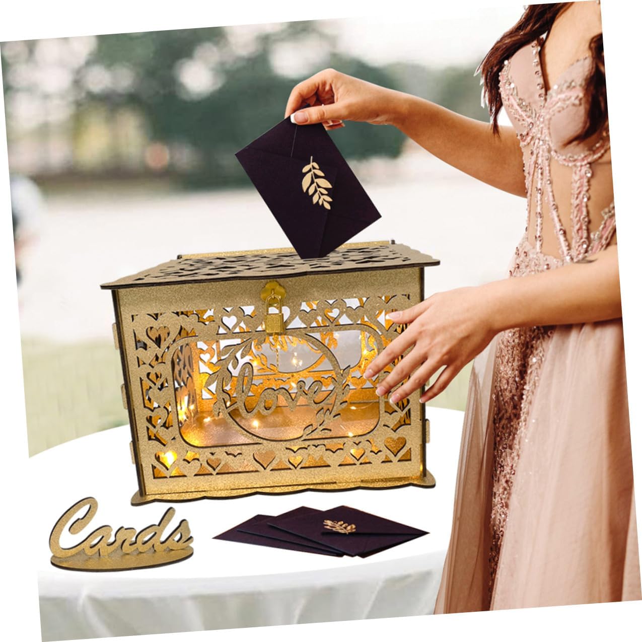 Wooden Hollow Wedding Card Box with Lock, Glitter Decorative Envelope and Greeting Cards Holder for Reception and Party Events