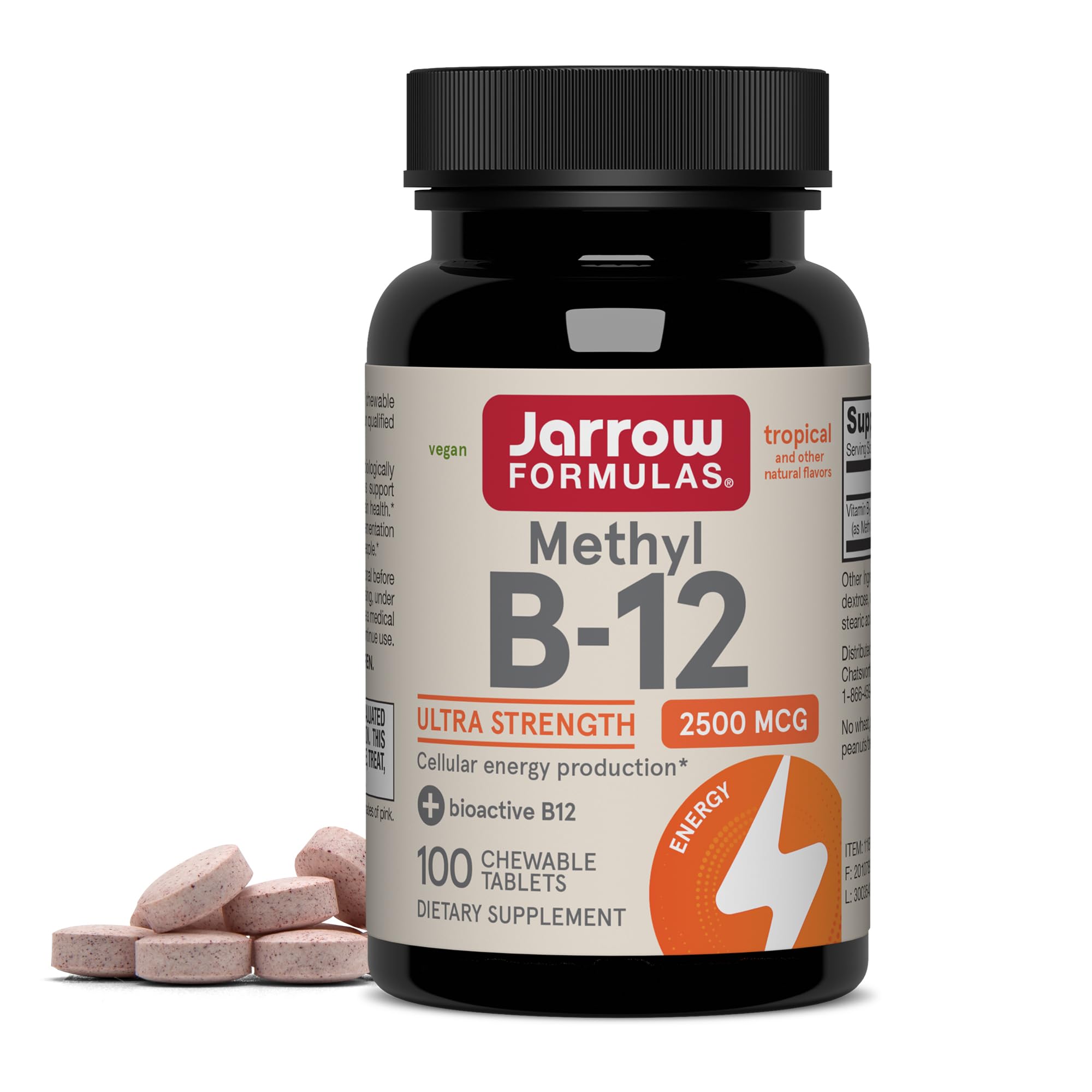 Methyl Vitamin B12 2500 mcg, 100 Chewable Tablets, Tropical Flavored- Bioactive B12 Vitamin - Supports Cellular Energy Production, Brain Health & Metabolism - 100 Servings