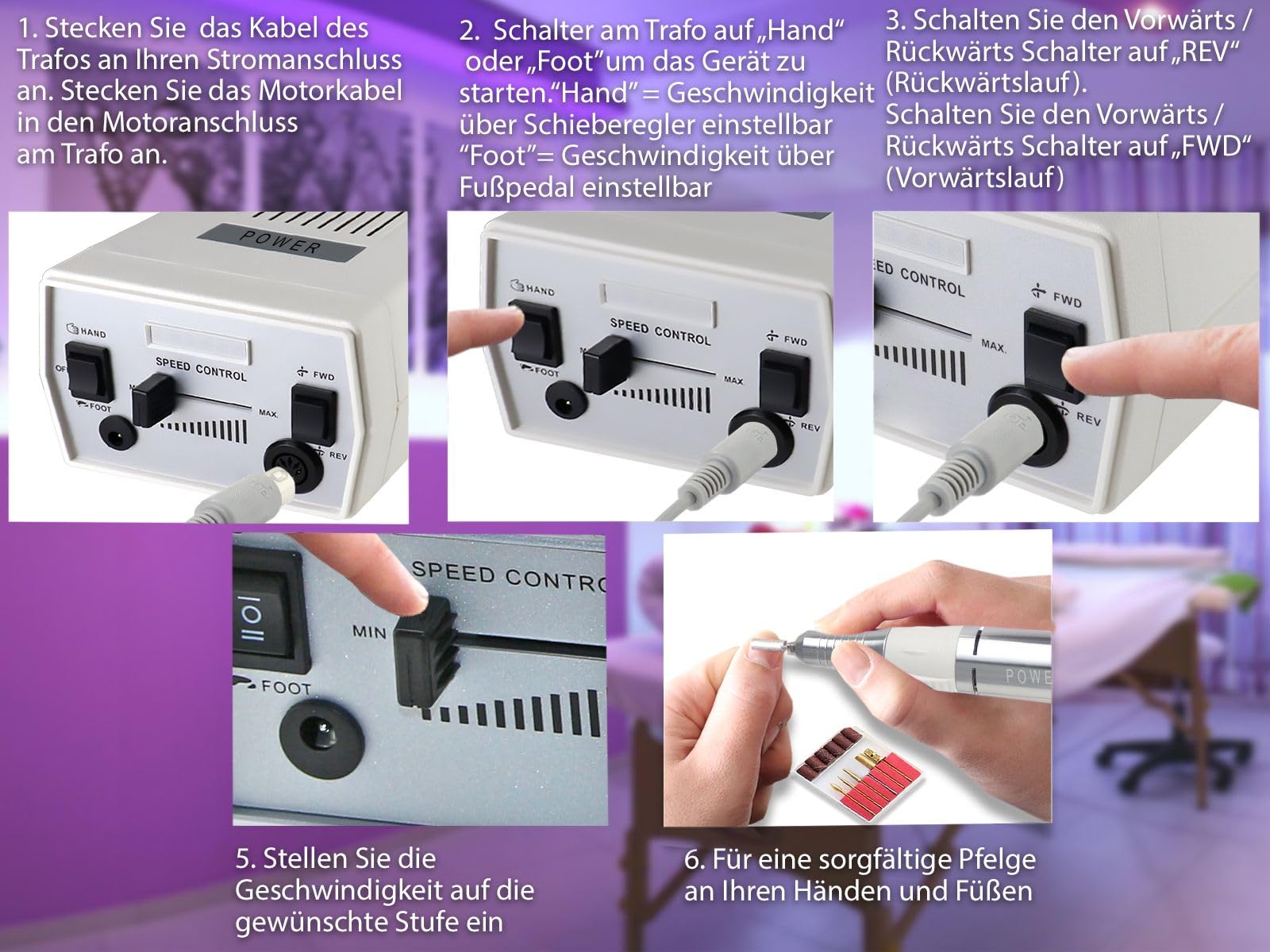 Fußpflegegerät zur Fußpflege mit starker Leistung | Elektrische Nagelfeile zur Hornhautentfernung für die elektr. Fußpflege mit Transportkoffer. Für Einsteiger oder Profis