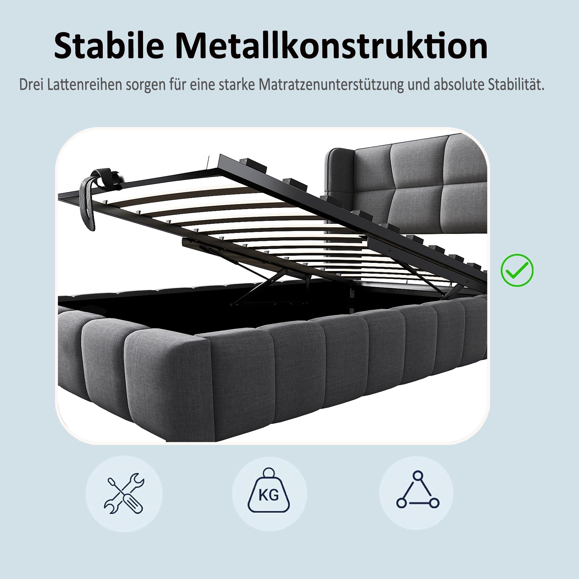 Letto Contenitore 90x200 con Sistema di Sollevamento Pneumatico Single Bed Rivestimento in Lino Su Telaio Metallico Rinforzato con Testiera Imbottita Letto Imbottito Abitazione