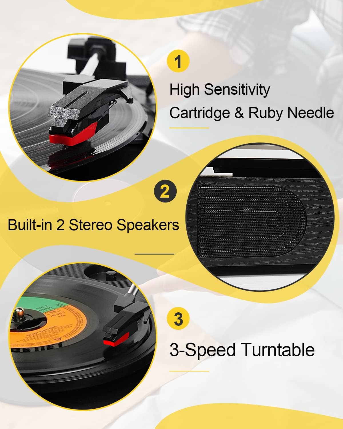 Bluetooth Record Player with Built-in Speakers, 3-Speed Belt-Drive Turntable, Bass & Treble Control, Compact Vinyl Player with RCA Output, AUX-in, Headphone Jack, Black Wooden