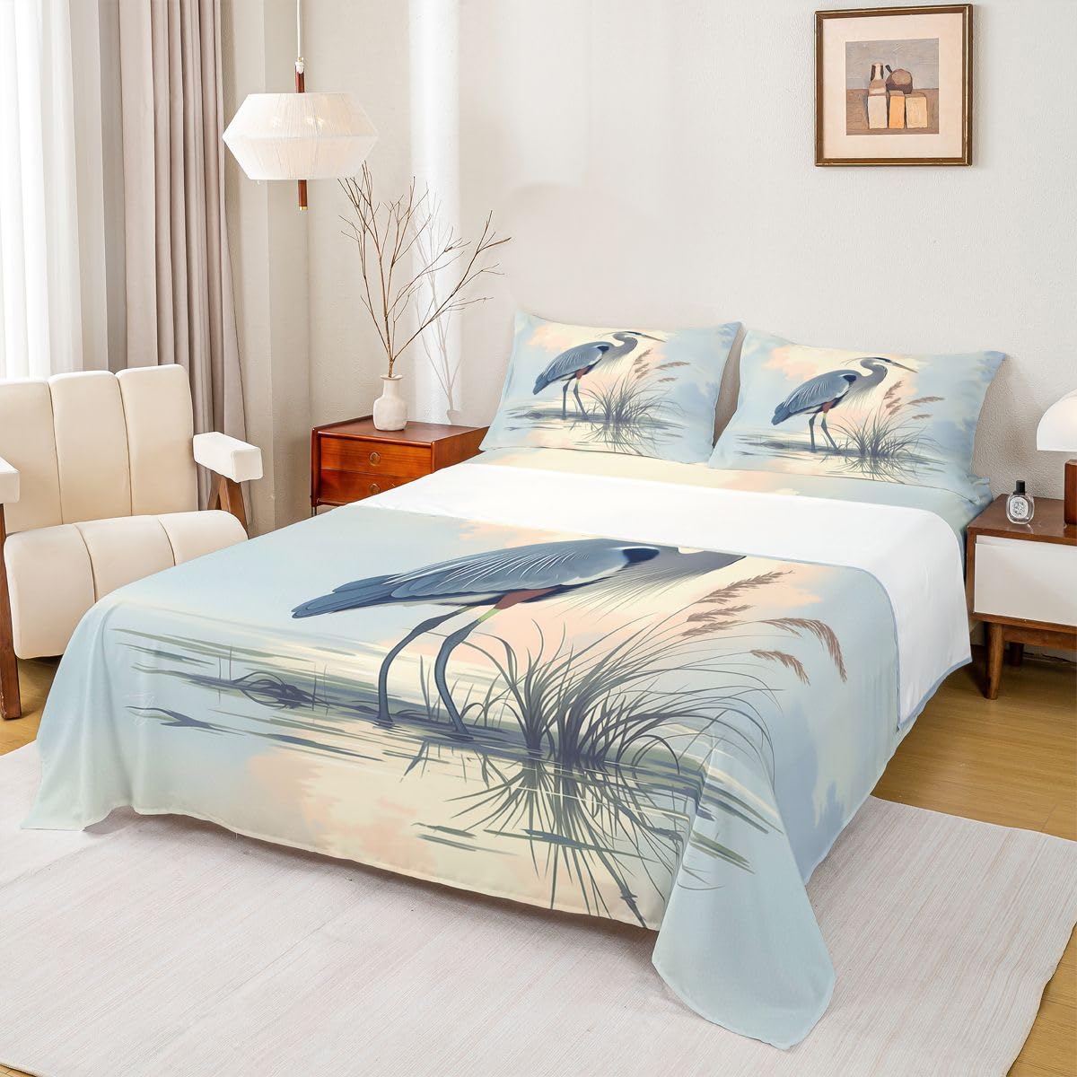 Homewish Great Blue Heron zestaw pościeli podwójne prześcieradła z motywem dzikich zwierząt akwarela niebieski ptak pościel - trzcina dzika przyroda zestaw pościeli 4-częściowy