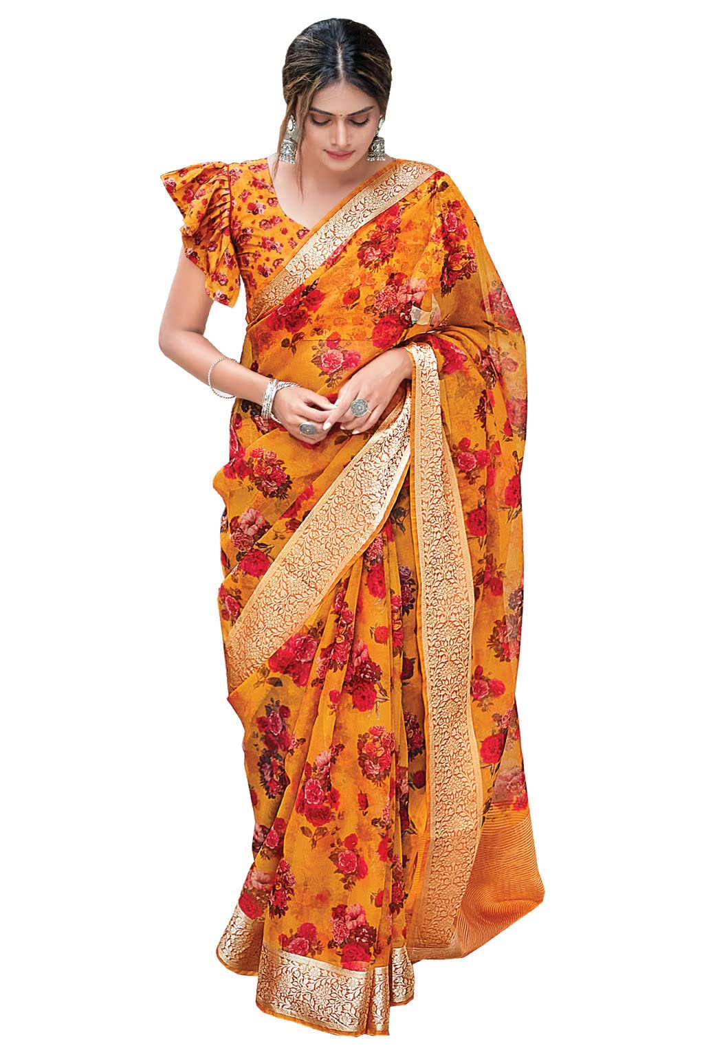 Sangam Prints Women's Organza Digital Print Saree with Blouse Piece (SGANG-1162,Mustard)