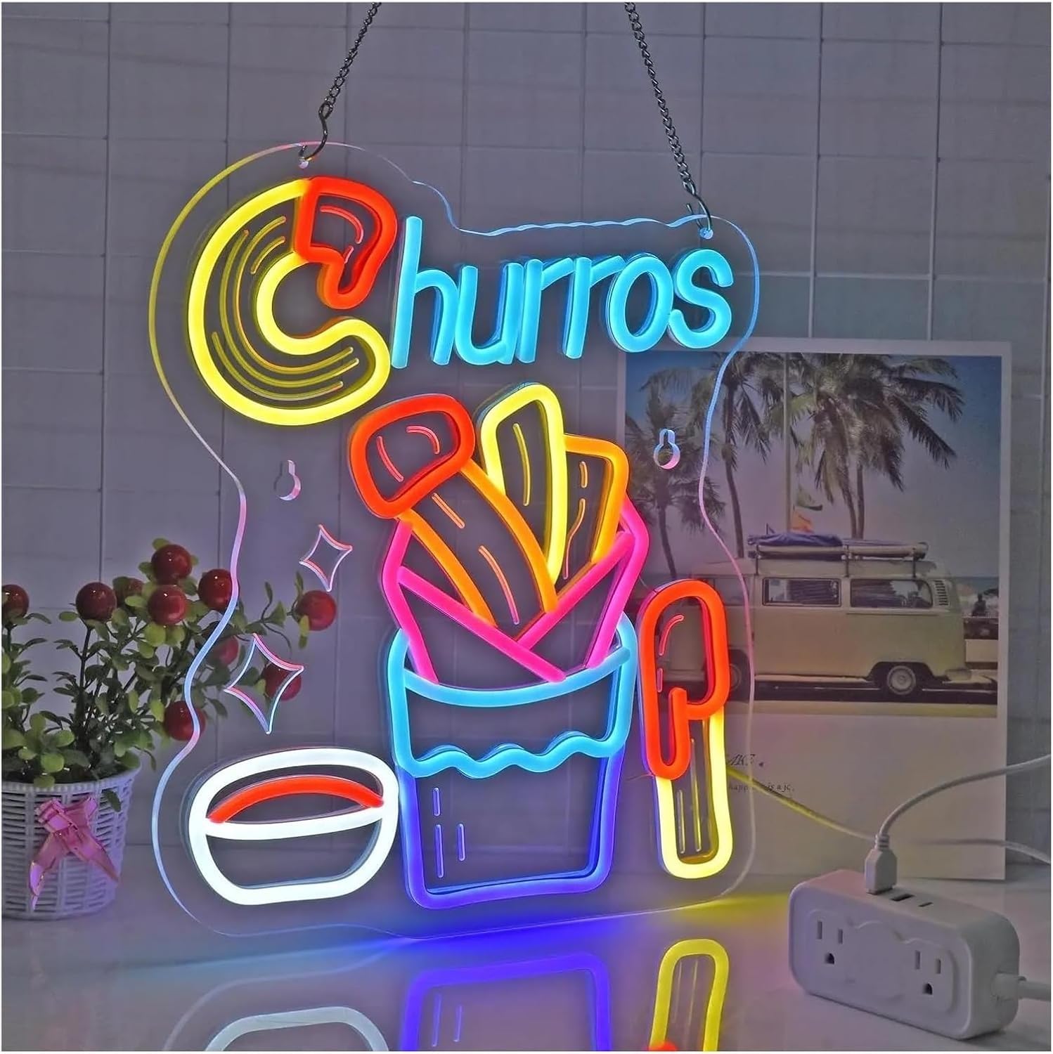 Insegna luminosa al neon Per insegna al Per neon Per LED, luminosa da parete con churros appesi, decorazione per ristorante, festa, 31 cm x 38