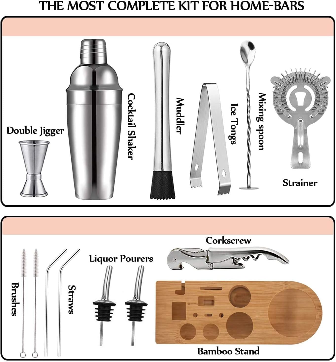 AHNR 14-Piece Cocktail Shaker Set Bartender Kit with Stand, Bar Kit Drink Mixer Set for Drink Mixing - Bar Tools: Martini Shaker, Jigger, Strainer, Mixer Spoon, Muddler, Tongs, More