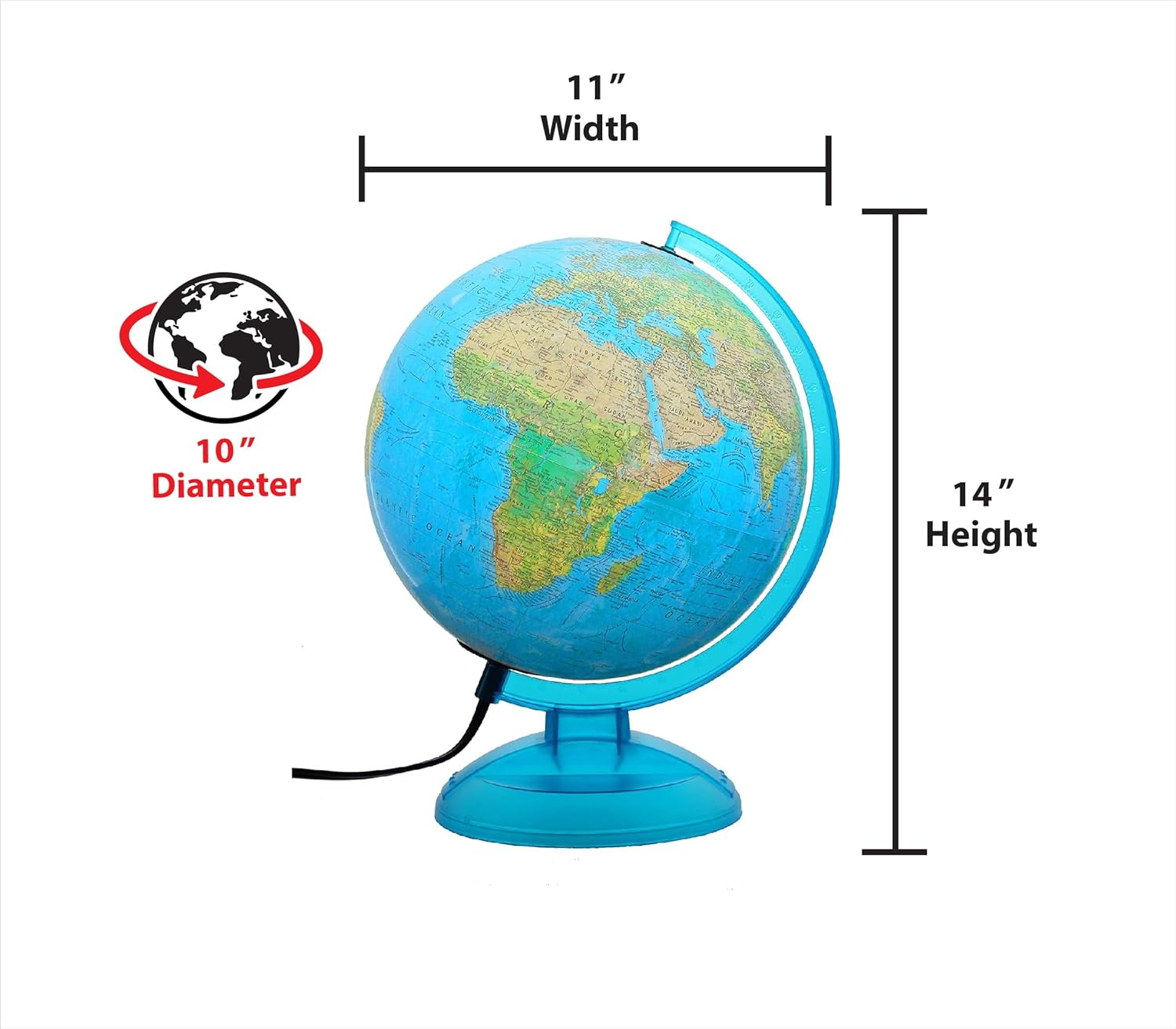 Lisbon Illuminated 10" Diameter Globe, USA Cartography with Sturdy Plastic Base and Blue Ocean Globe Ball. Premium Blue Ocean Desktop World Globe, Perfect for Home & Office Décor, Over 2,000 Place Names, Energy-Saving LED, Scratch Resistent Base.