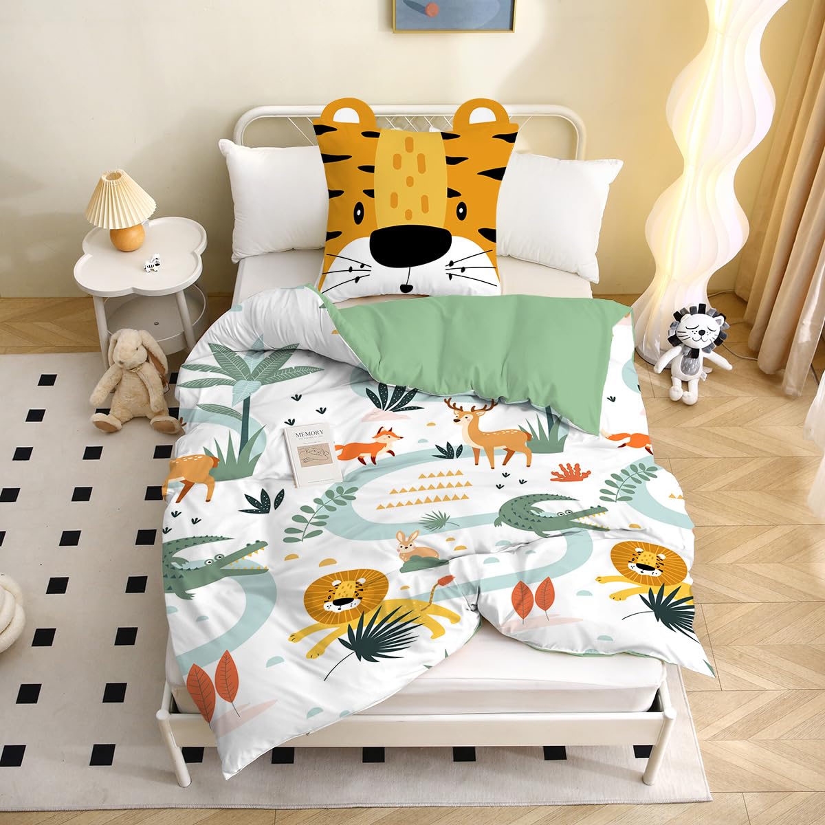 MUSOLEI Biancheria da letto 135 x 200 cm, in microfibra 3D, per bambini, copripiumino con 1 federa 80 x 80 cm, regalo per cameretta dei bambini, letto singolo, leone con orecchie