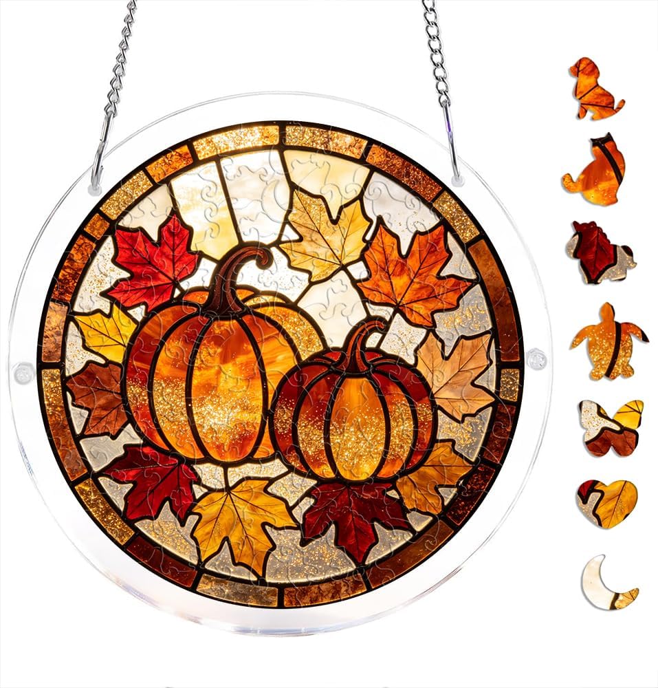 83 Pieces Acrylic Puzzle Suncatcher, Stained Glass Fall Pumpkin Harvest | 7.4 Inch,Durable Acrylic,Easy to Hang,Light Catching,Window Ornament,Home Wall Decor,Perfect Holiday & Daily Gift,art