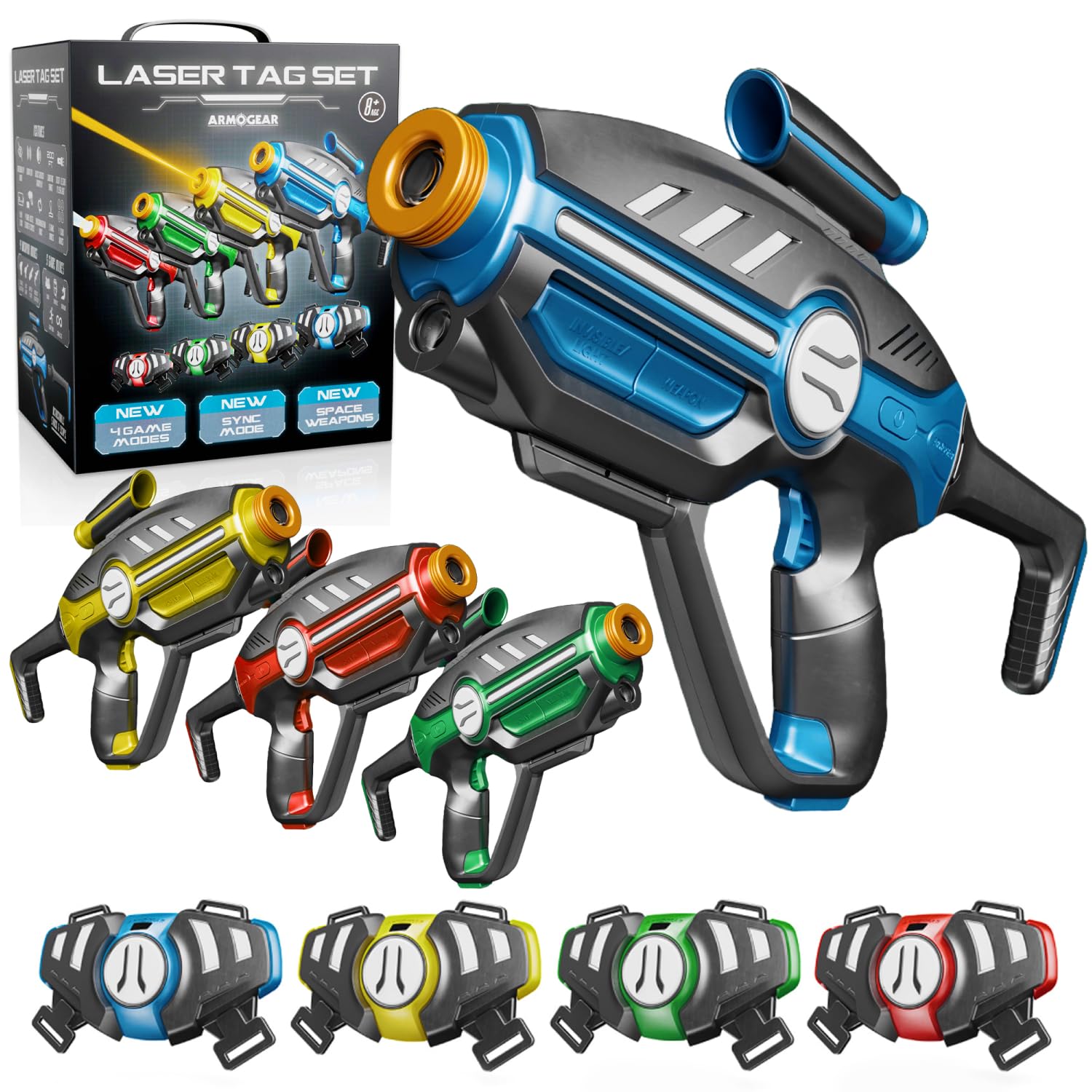 Laser Tag Set for Kids, Teens &amp; Adults - 4 Blasters + 4 Vest Sensors with 4 Multi-Game Modes - Fun Ideas Age 8+ Year Old Toys - Includes Accessories - Boys &amp; Girls Outdoor Teenage Group Activities