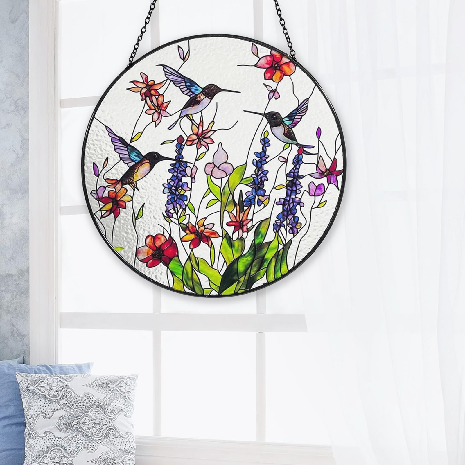 Hummingbird Stained Glass Suncatcher, Stained Glass Panel with Hanging Chain - Image 3