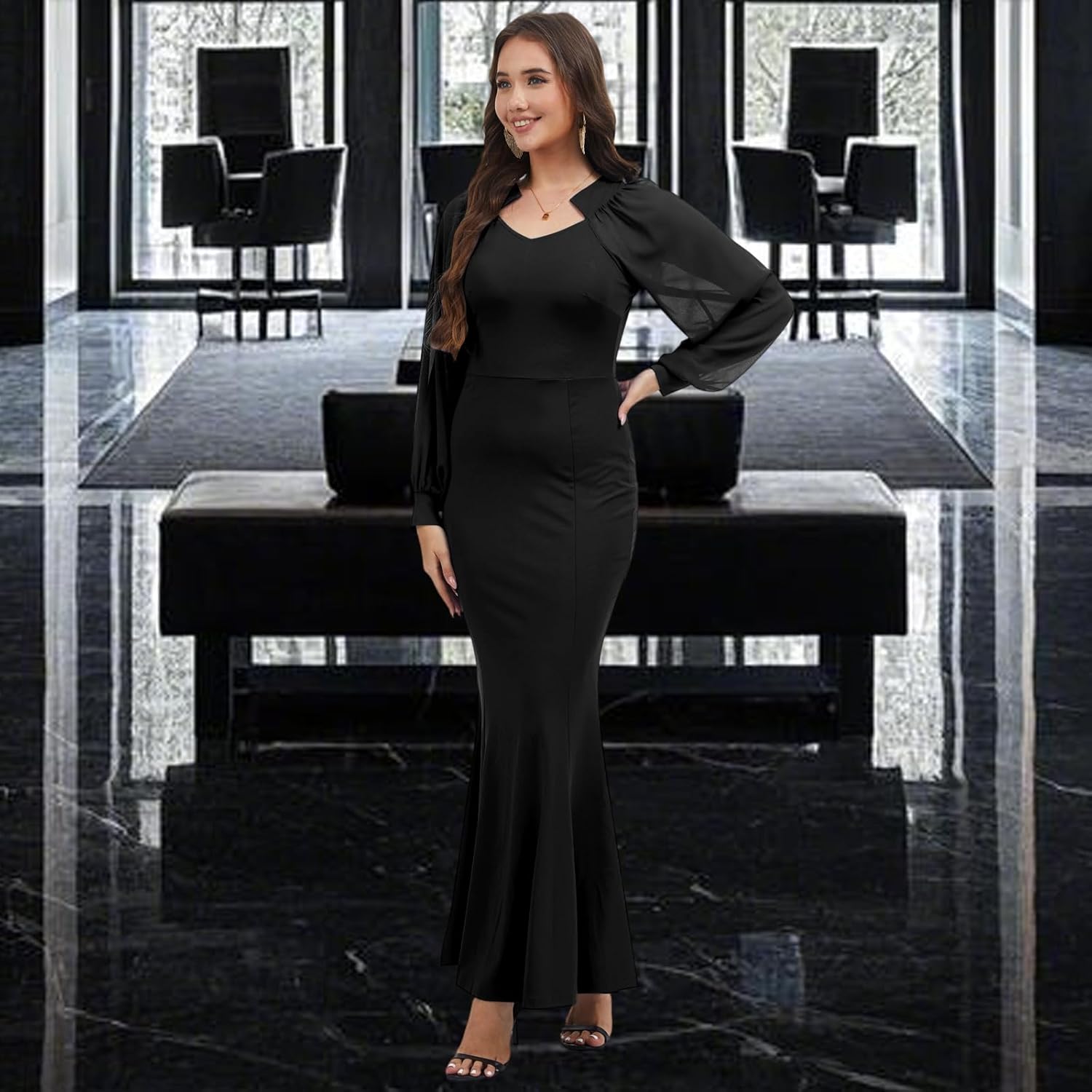 Women's Elegant Formal Mermaid Maxi Dress Off Shoulder Long Sleeve Wedding Split Evening Gown Prom Cocktail Party Dresses - Image 2