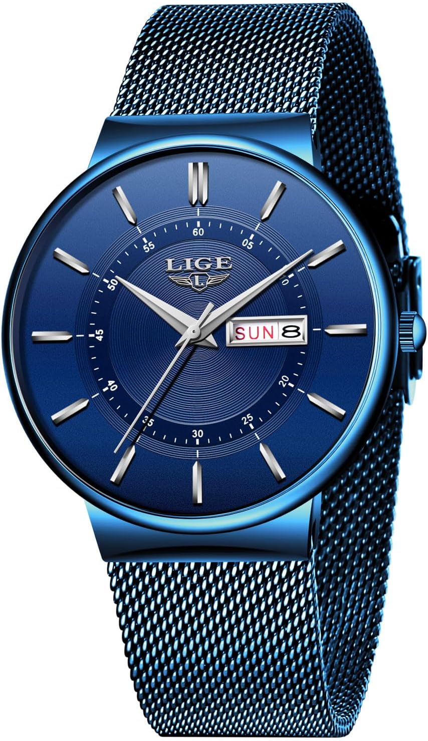 LIGE Stainless Steel Watches for Men Waterproof Wrist Analog Dress Vintage Work Casual 3ATM Water Resistant Quartz with Date Display Mesh Strap Thin Minimalist Analog Design Mens Watch