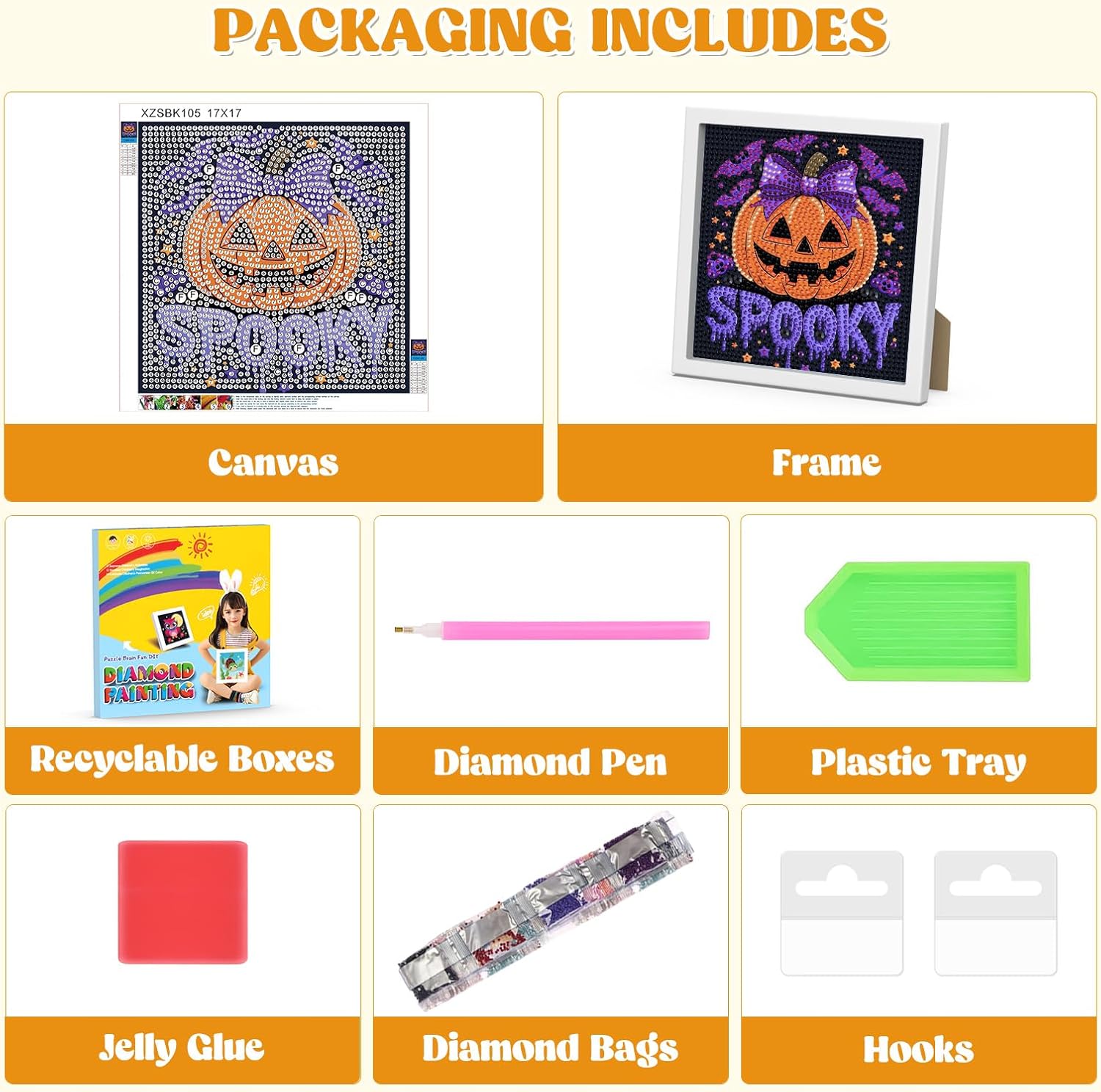 RICUVED Halloween Diamond Art Painting Kits for Kids, Pumpkin Diamond Art Kit with Frame for Adults Beginners, Spooky DIY Mosaic Gem Kits Ages 6-8-12 Art and Crafts for Gift Home Decor 7x7 Inch image 4