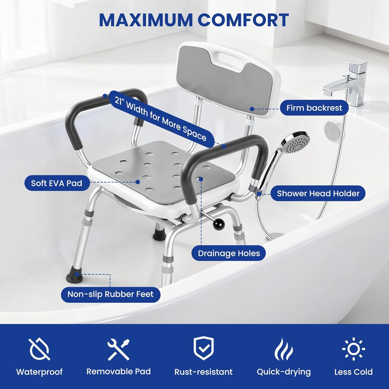 Deluxe Swivel Shower Chair with Arms & Back by CZMY, 360° Locking Seat, 5-Level Height Adjustable, Padded Heavy-Duty Bath Chair, 300 lbs, for Seniors, Elderly, Handicap & Disabled