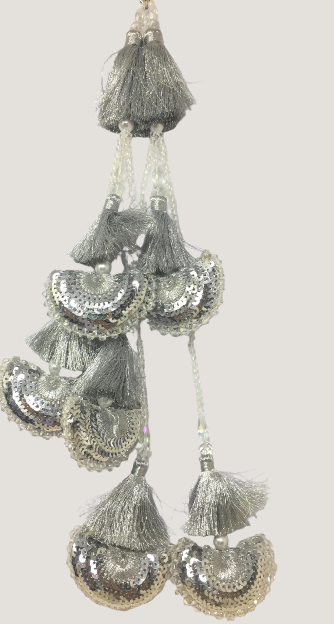 Inhika Latkan for Lehenga, Heavy and Long, Export Quality Side Hanging Ornament, Set of 2 Tassel (Silver Colour, 40 cm Long, Super Heavy Crystal Sequin Work)