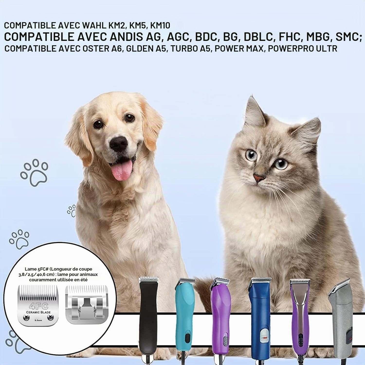 Lames de rechange pour tondeuses pour animaux, adaptées aux modèles Andis, Oster A5, Wahl, Heiniger, Moser Max 50 et autres. Taille 4FC# (9,5 mm), lot de trois