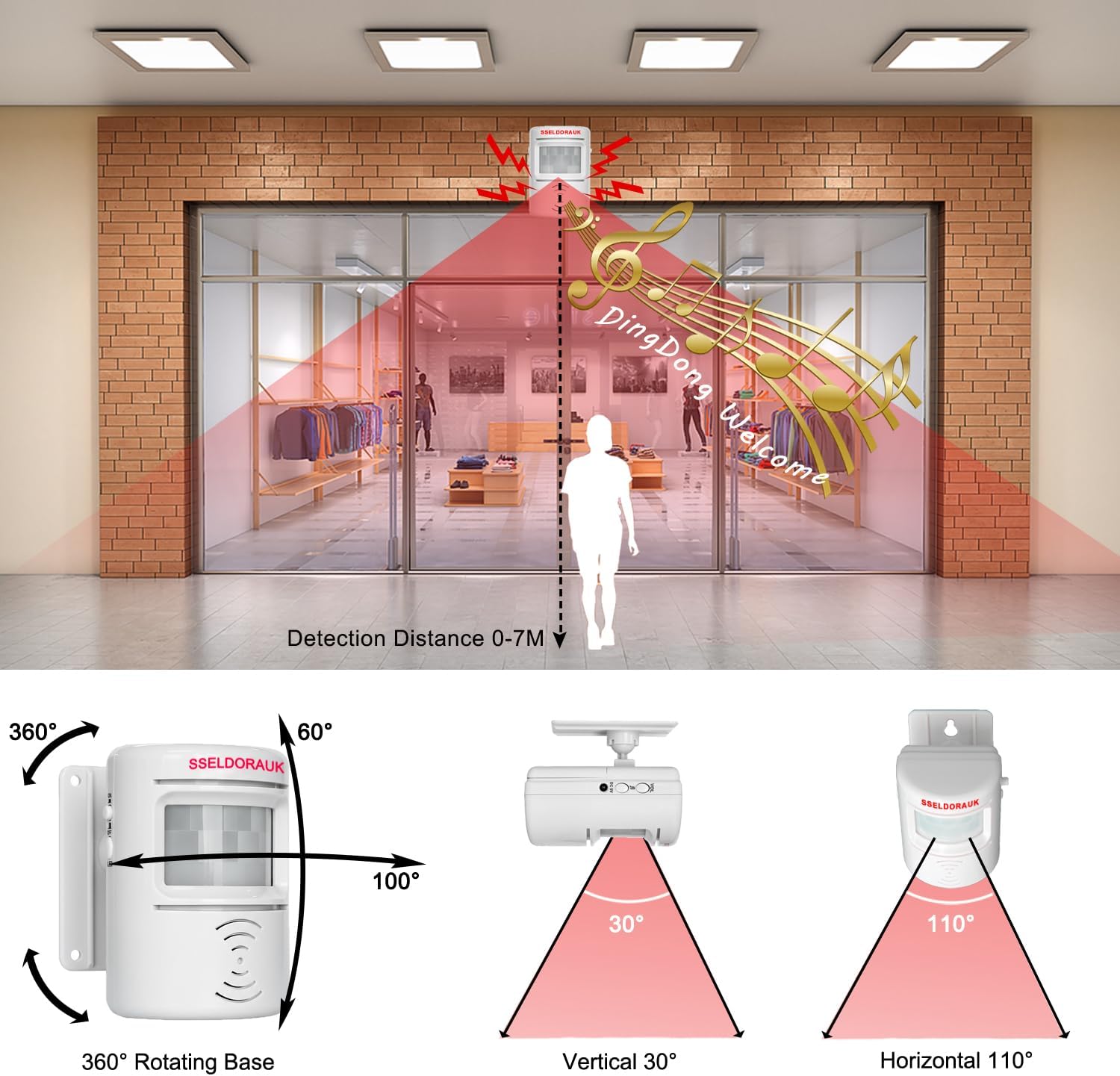 S SELDORAUK PIR Motion Sensor Door Bell Shop Visitor Alert Chime Dingdong Welcome Alarm Burglar Motion Detector