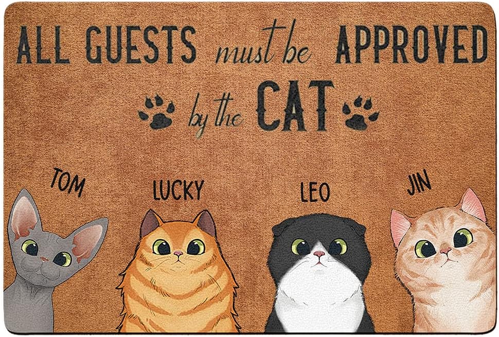 Funny Personalized Cat Decorative Doormat All Guests Must Be Approved by The Cat Custom Door Mat for Cat Lovers - Cat Welcome Mat for Outdoor Entrance Gift for Cat Moms Cat Dads Front Door Rugs 2 Cats