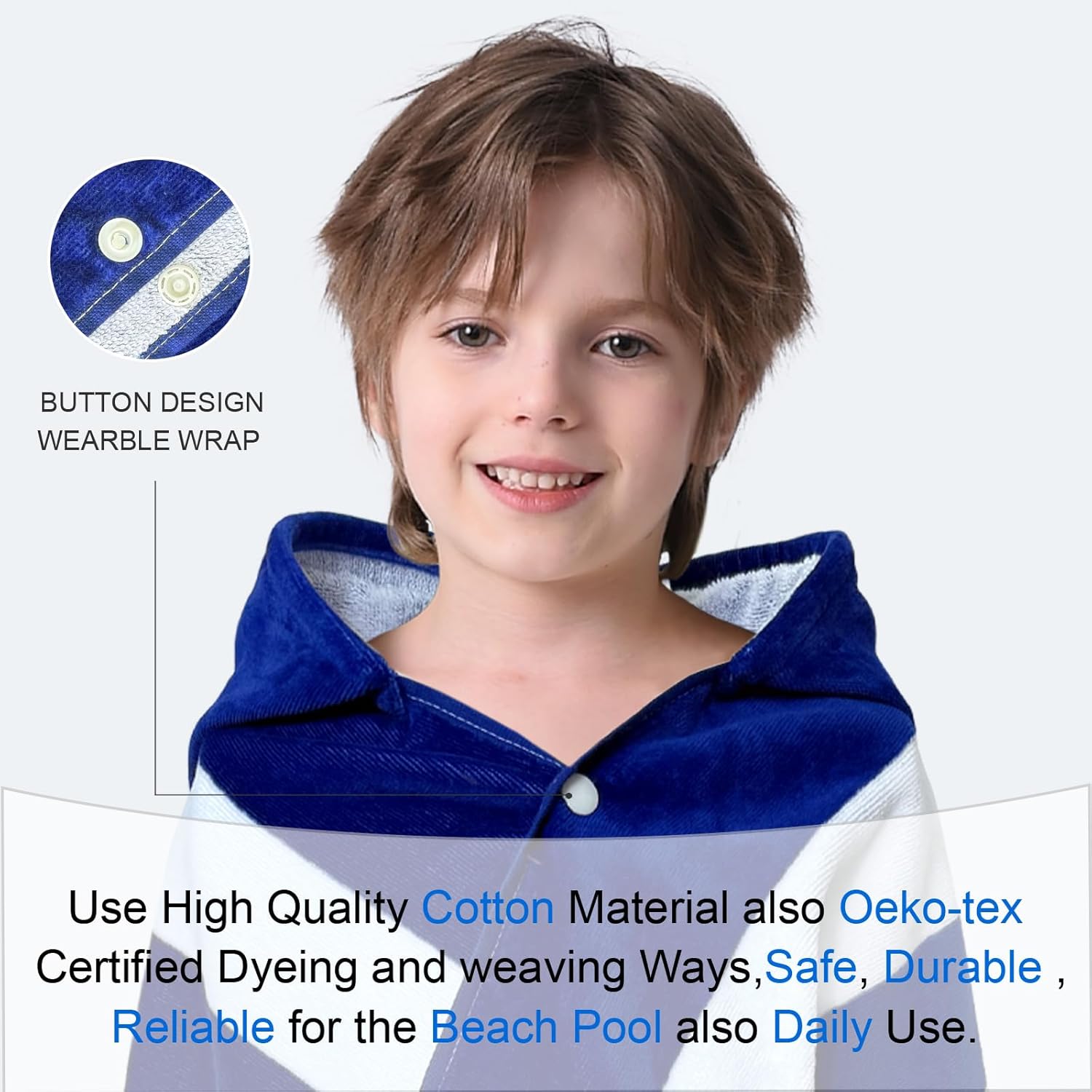 VOOVA & MOVAS Kids Beach Towel Wrap with Hood (3-8 Years, 30''x50'') - 100% Cotton Soft Absorbent Towel for Boys, Pool, Bath, Swimming & Beach - Blue Cabana Stripe Design - Image 3