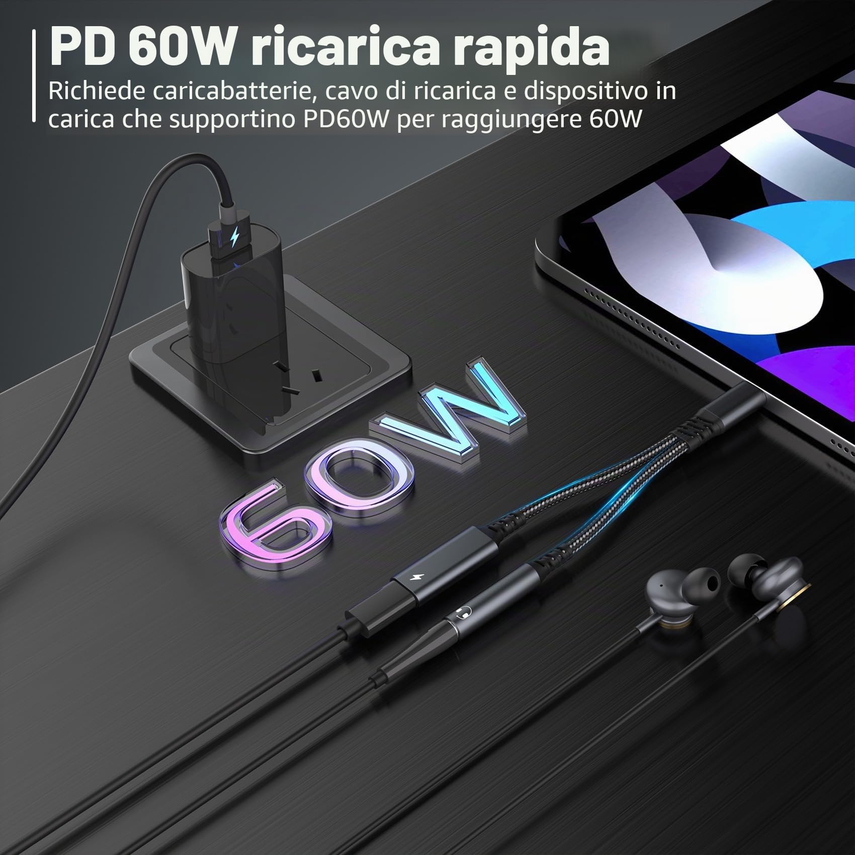 Adattatore e Ricarica per Cuffie USB C, 2 in 1 Jack da 3,5 mm USB C PD 60W Ricarica Rapida per Auricolari Splitter C ompatibile con iPhone 15/Pro/Max, Samsung S24/S23, Hua wei usw