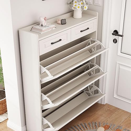 Miniatura 7 de HANLIVES Armario estrecho para zapatos para entrada con luz LED, armario de almacenamiento de zapatos superior de vidrio templado con cajón,