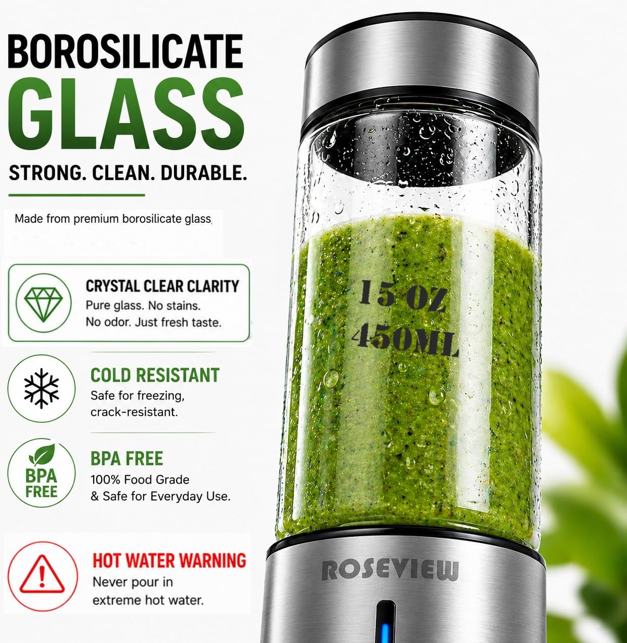 Mixeur à smoothie portable ROSEVIEW Bouteille en verre rechargeable par USB Mini presse-agrumes 2 mélanges sans fil Machine à smoothies personnels Mélangeur de fruits
