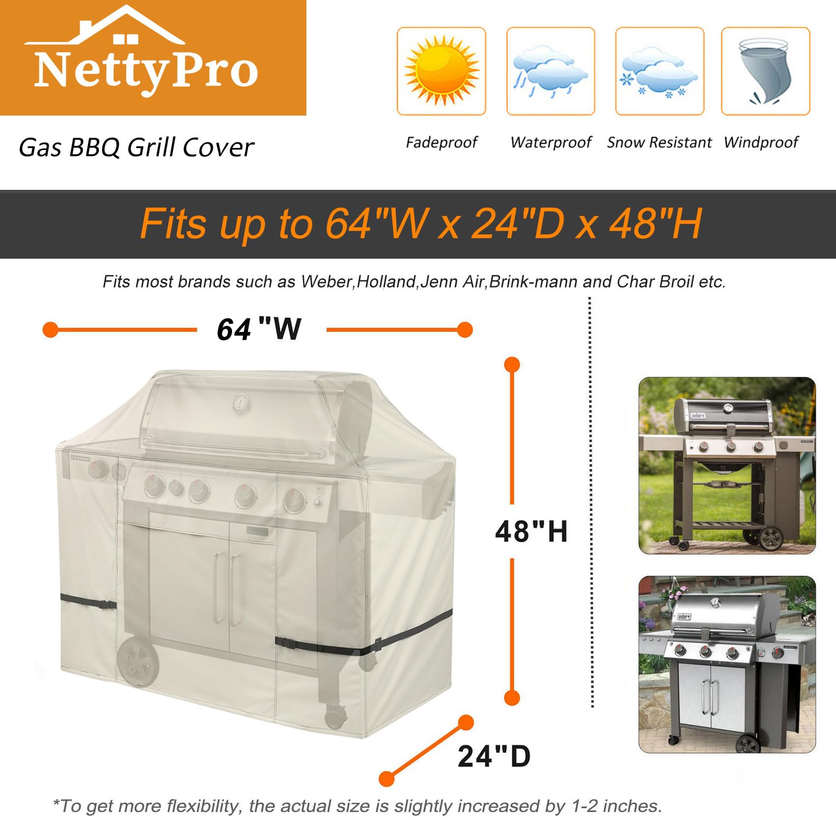 NettyPro Gasgrillabdeckungen, strapazierfähig, wasserdicht, 64 Zoll, Outdoor-Grillabdeckung, 2-3 Brenner, Grillabdeckung für Weber, Char-Broil, Brinkmann, Nexgrill Grills und mehr, Beige