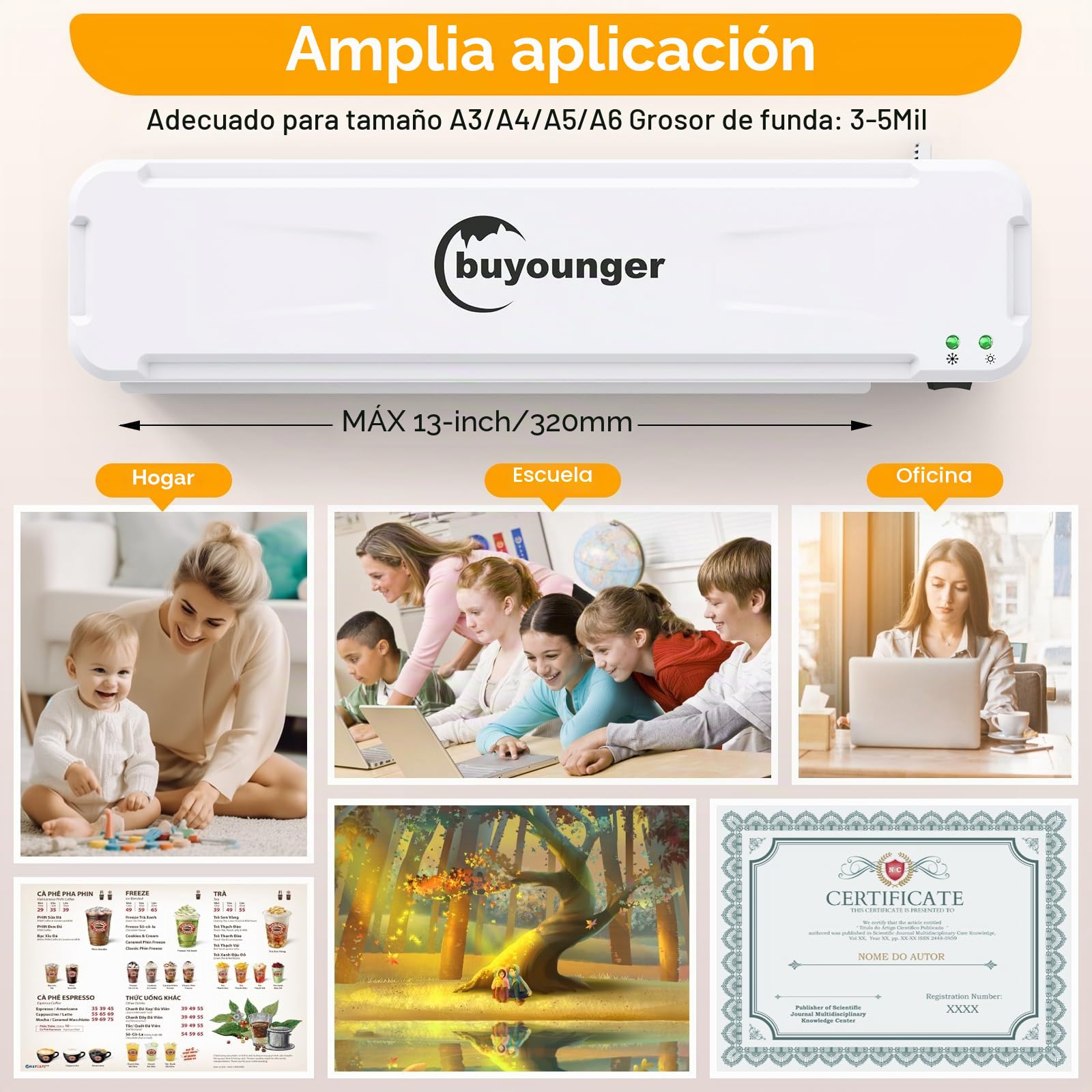 Buyounger Plastificadora A3, 6 en 1 con Guillotina, Maquina Plastificadora A3/A4/A5/A6, 30 Bolsas, Laminado en Frío y Caliente, para La Escuela, La Oficina y el Hogar