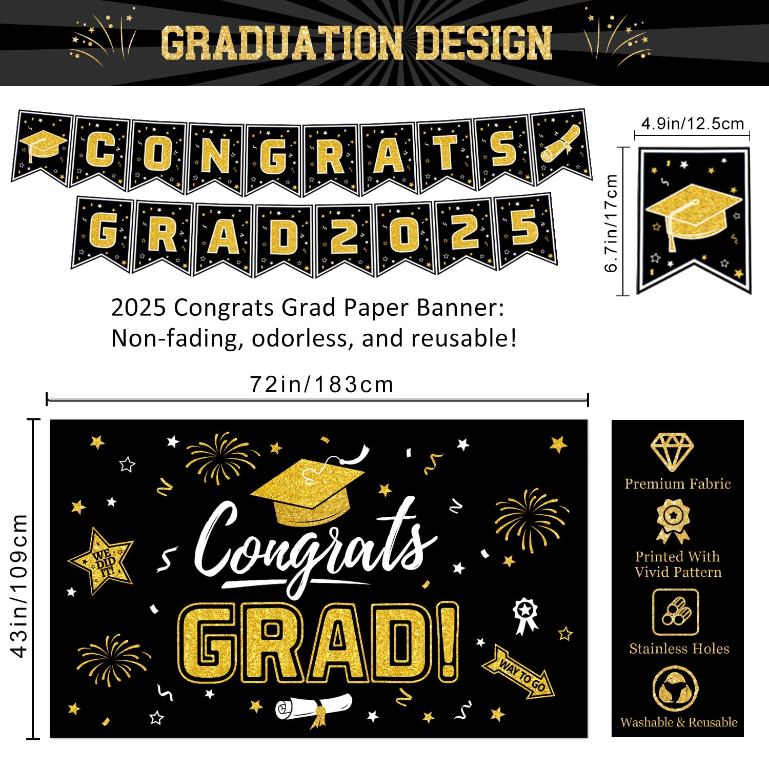 2025 Party Supplies Class Of 2025 Graduation Decorations - Black & Gold ...