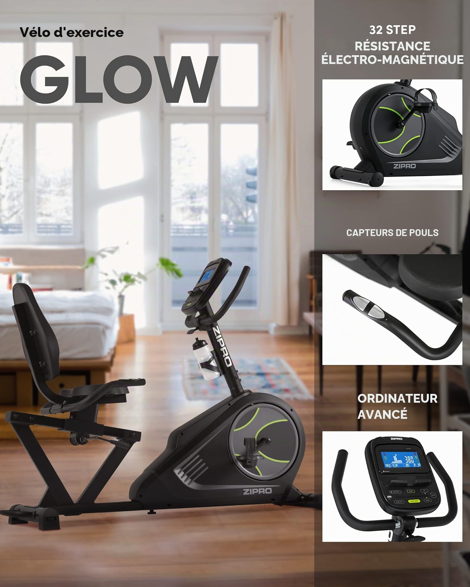 Zipro Vélo d'appartement Iconsole+ Glow, Ergomètre Fitness, Vélo d'appartement magnétique, Ergomètre jusqu'à 150 kg, Vélo d'intérieur, Vélo d'entraînement à domicile, Vélo ergomètre filaire