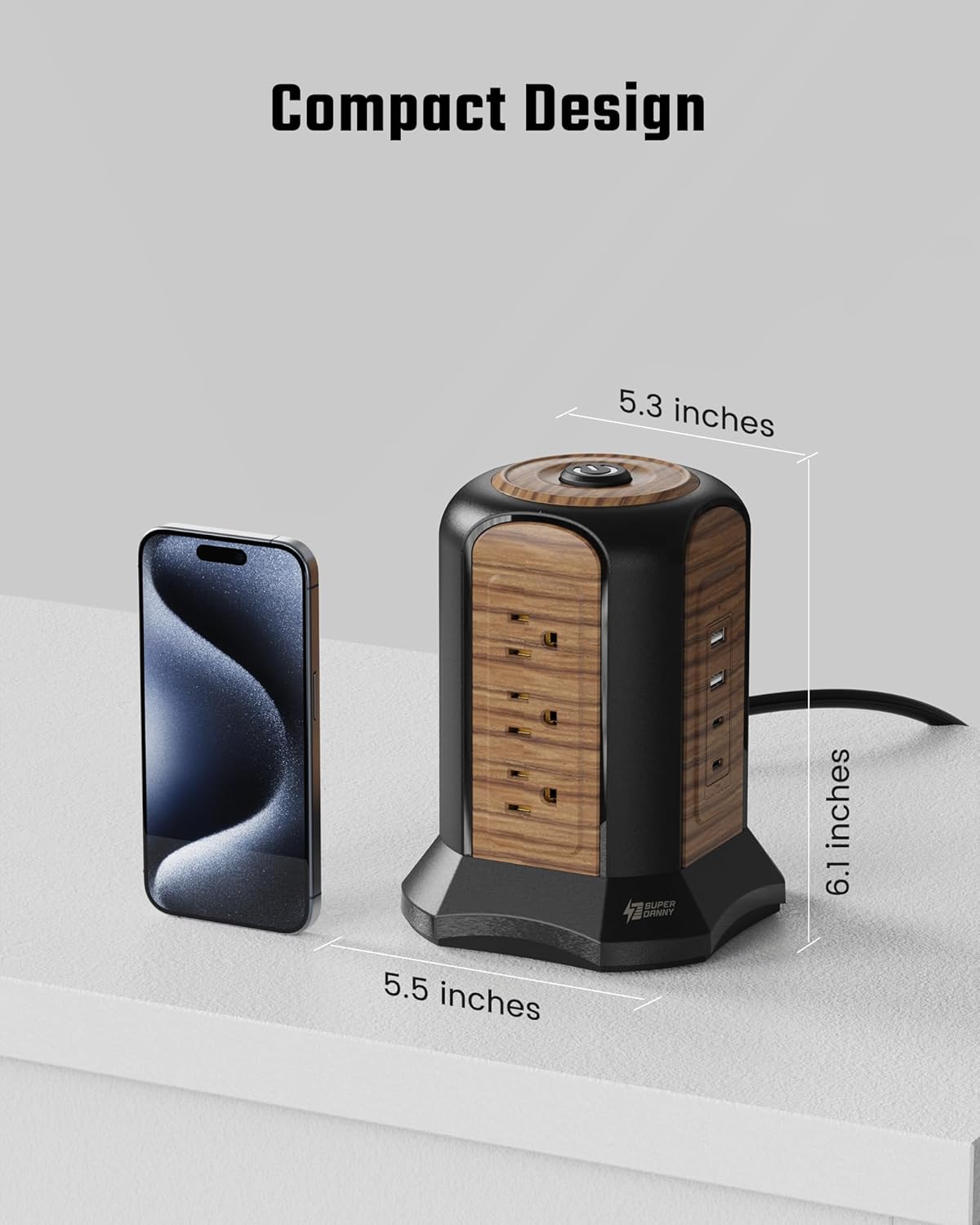 SUPERDANNY Power Strip Tower Surge Protector, 10 Ft Extension Cord with Multiple Outlets, 9 Outlets, 4 USB Ports (2 USB C), 1080 Joules, 3-Prong, Grounded, Charging Station for Home, Office, Brown