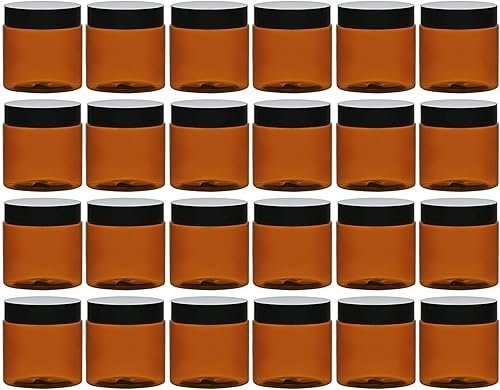TUZAZO Tarros de plástico ámbar de 2 onzas con tapas y etiquetas sin BPA, paquete de 24 recipientes vacíos pequeños redondos marrones para