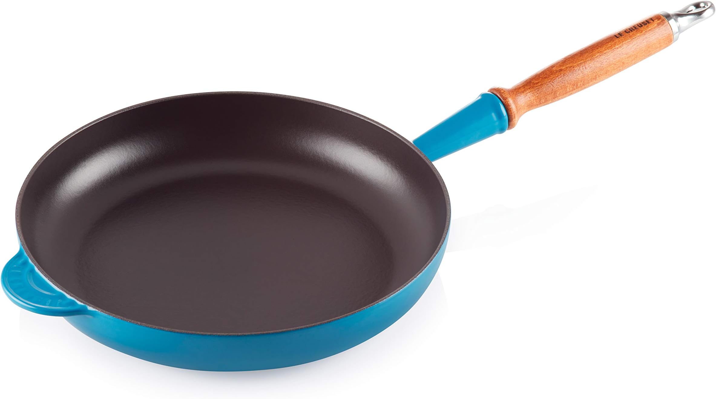 Le Creuset Signature Cast Iron Frying Pan With Large Frying Area and Cool-Touch Wooden Handle, For All Hob Types, 28 cm, Marseille Blue, 200582820