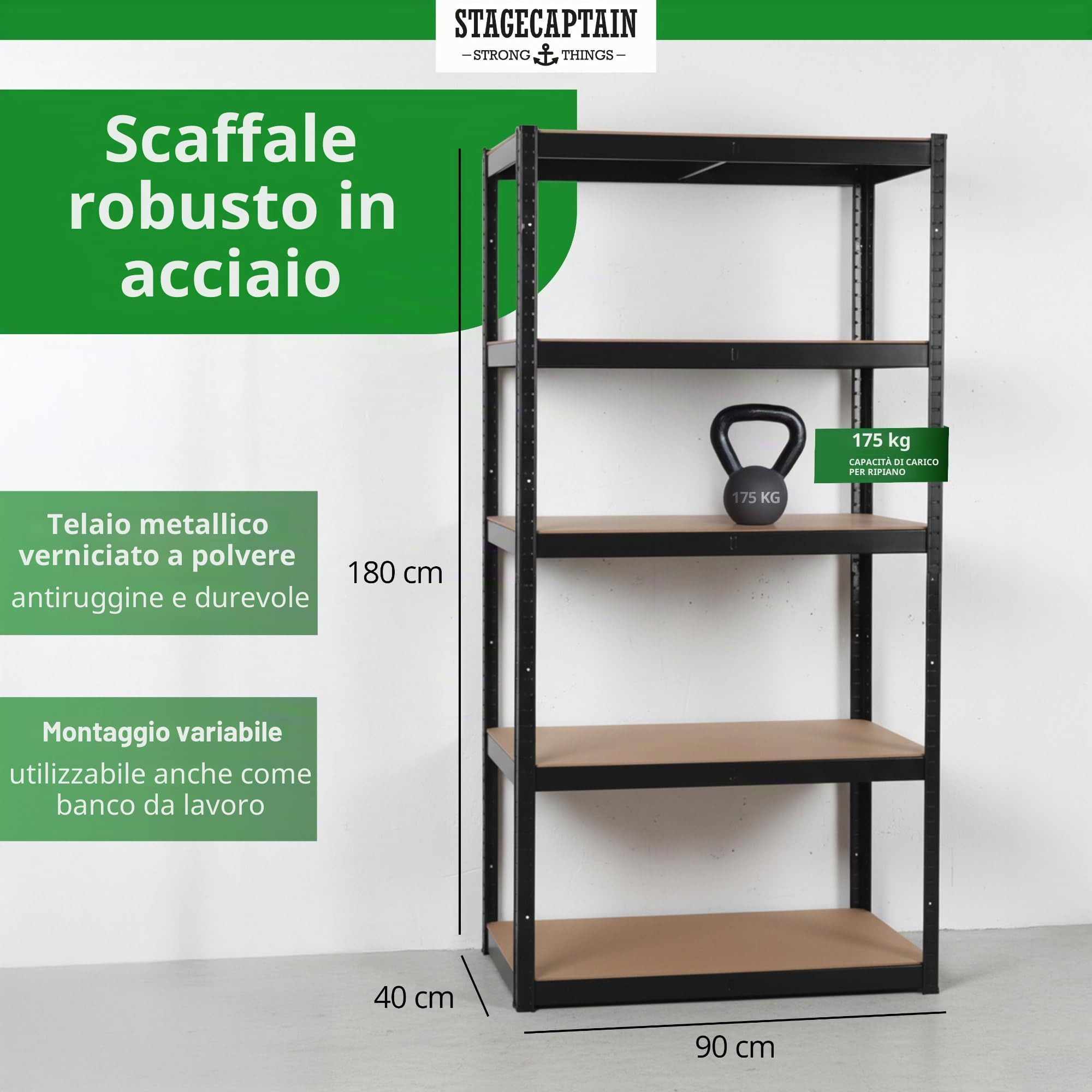 Stagecaptain Heavyrack HR-175 BK Sistema di 4 Scaffali in Metallo - Scaffalatura per magazzino - Scaffale per carichi pesanti - 875kg di capacità di Carico - 5 ripiani in legno regolabili - Nero
