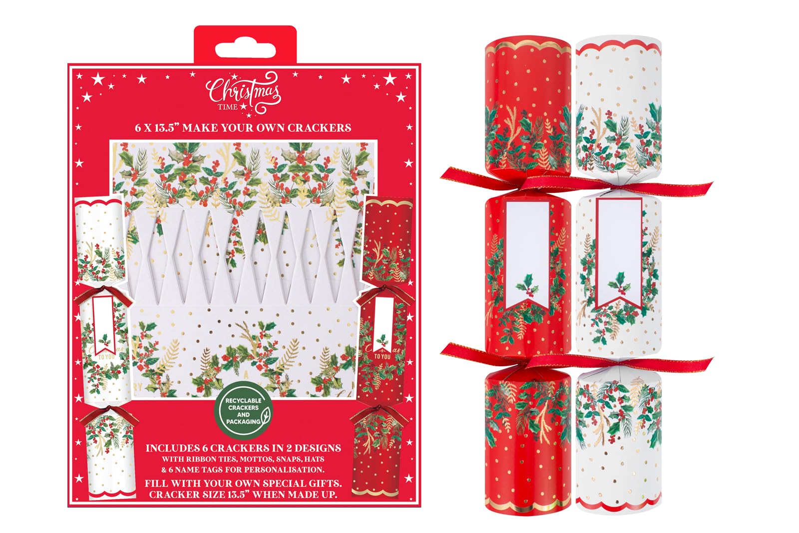 Rsw Red/White Make Your Own Christmas Crackers With Ties, Mottos, Hats - 6 X 13.5 Crackers Merry Holly Christmas Design - Diy Christmas Cracker Set - Festive Seasonal Party