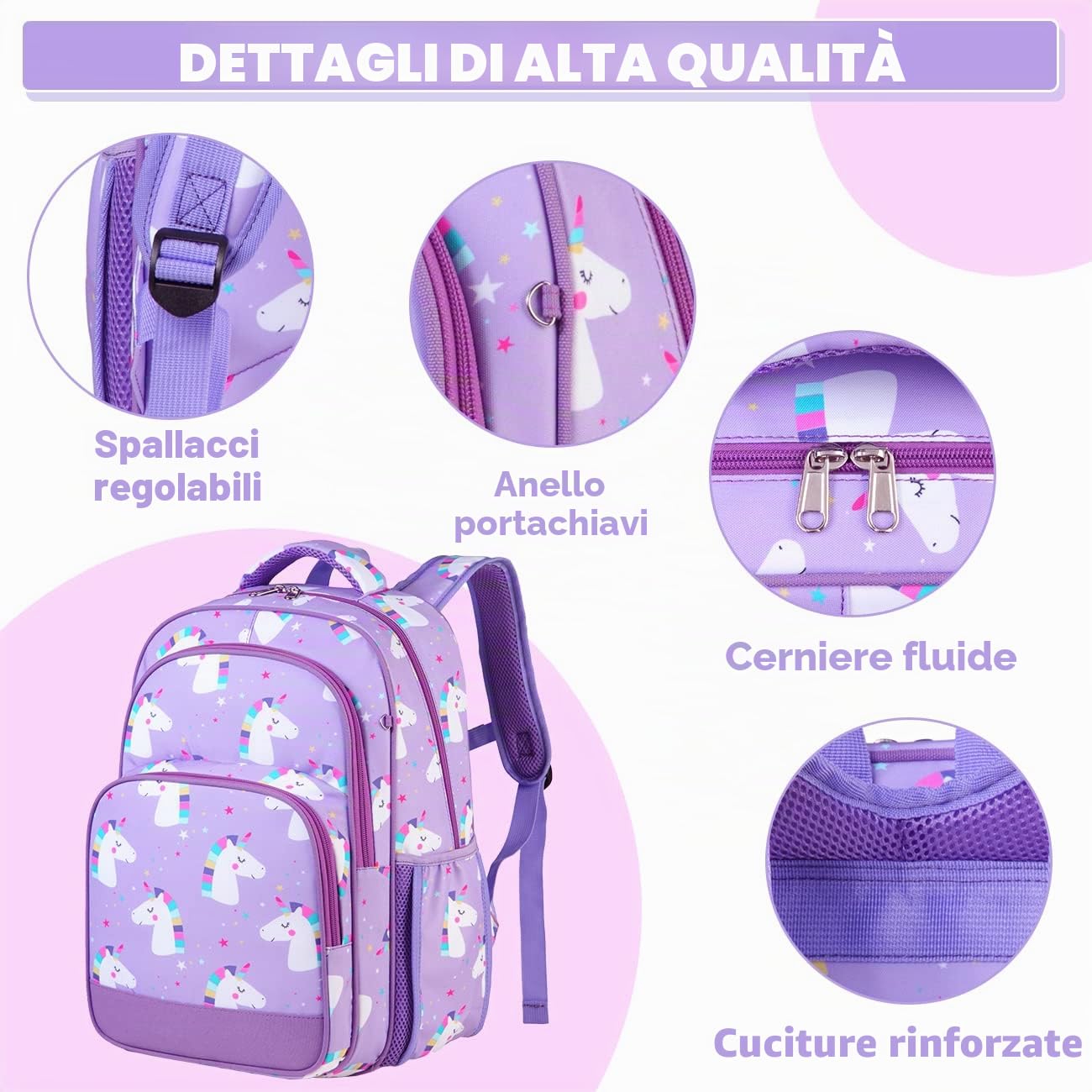 VASCHY Zaino per bambina, zaino unicorno e ragazza, zaino per scuola, per bambine 6-10 anni, zaino per bambini, impermeabile, con scomparto per tablet, per scuola, viaggi, unicorno