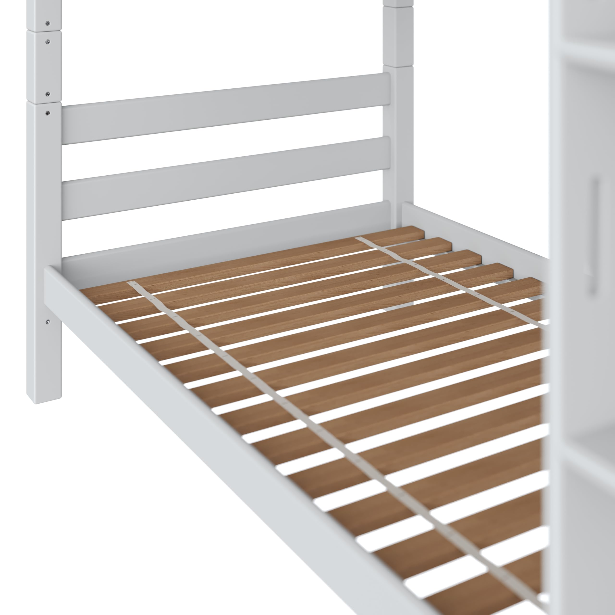 f25 - Letto a castello in legno massiccio di faggio, rete a doghe, letto a castello con doppio telaio, senza scivolo, laccato bianco