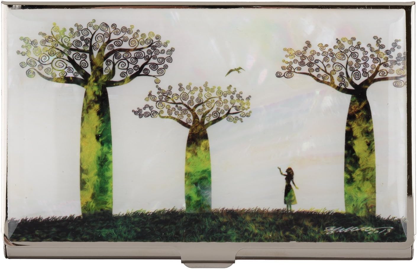 Business Name Card Holder Stainless Steel Case Mother of Pearl Art Wind Girl