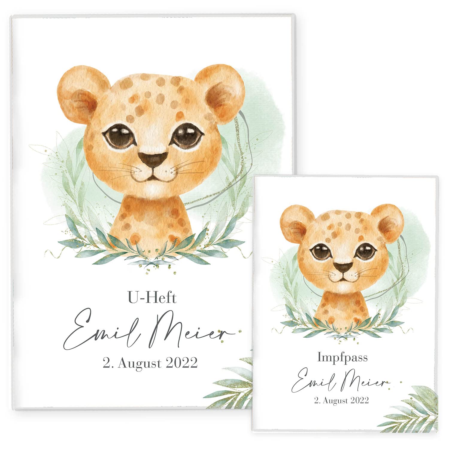 Cozy Racoon U-Heft- und Impfpasshülle mit Personalisierung| 3- teiliges Set | Hochwertige Hülle für Untersuchungsheft und Impfpass Deines Kindes | Löwen Junge (mit Personalisierung)