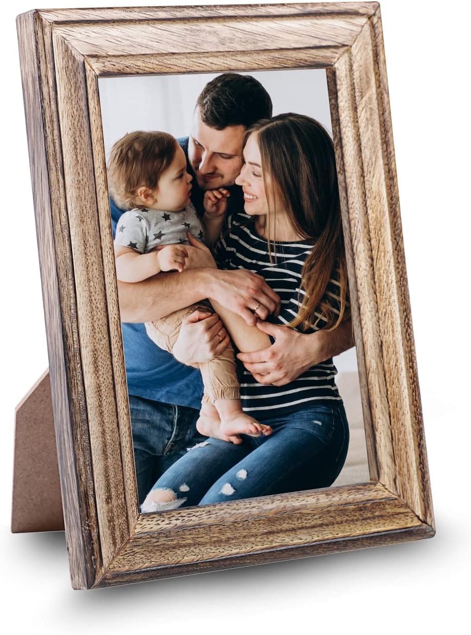 Photo Frame - Single Picture Frame, Mango Wood Border, Stand, Wall Mount Brackets - Vertical or Horizontal Standing Display & Table Decor for 4x6 Photos - 6x4 Inches (Wooden Photo Frame)